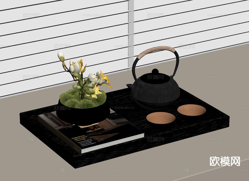 新中式茶具 茶壶 茶杯 植物su模型下载(渲染图1)