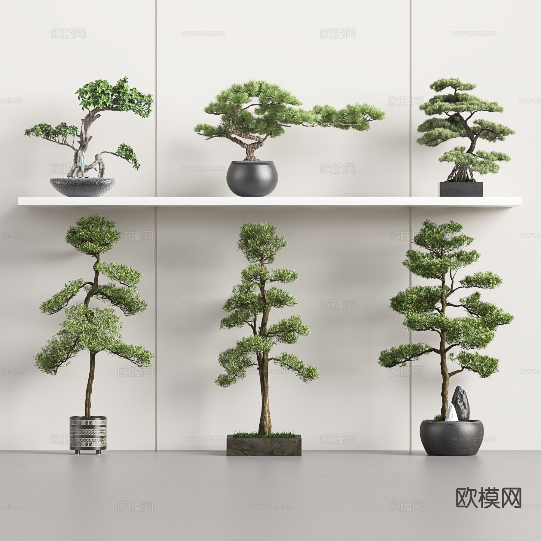 新中式盆栽 迎客松盆景 罗汉松盆景su模型下载（渲染图2）