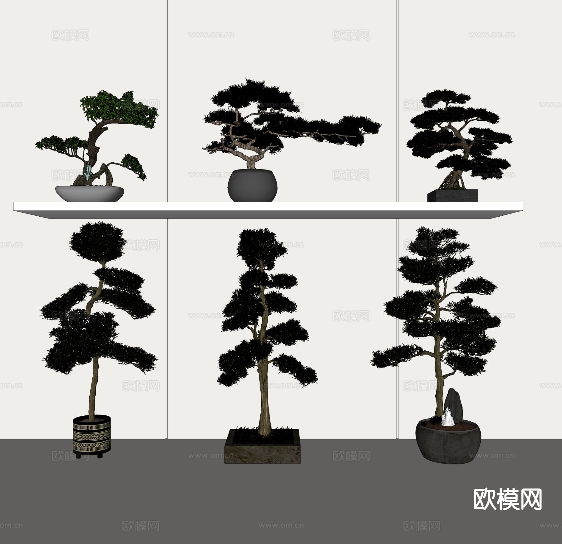 新中式盆栽 迎客松盆景 罗汉松盆景su模型下载（渲染图1）