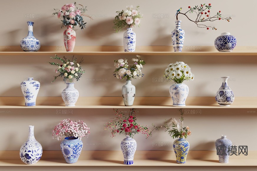 新中式花瓶 花艺 青花瓷3d模型下载