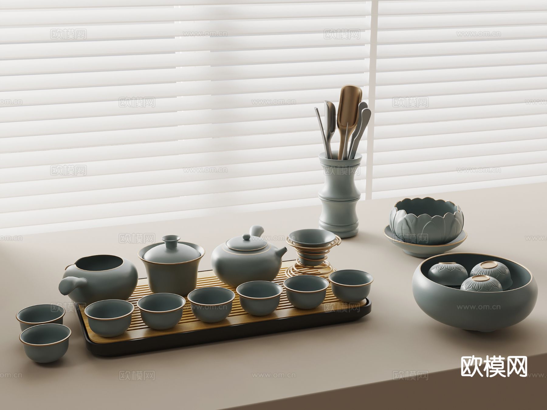 新中式禅意茶具 茶盘su模型下载（渲染图2）