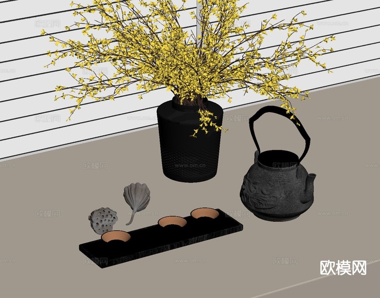 新中式茶具 茶壶 茶杯 植物su模型下载(渲染图1)