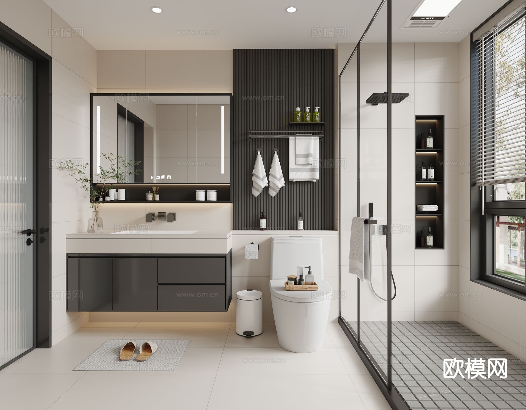 奶油风卫生间 浴室su模型下载（渲染图2）