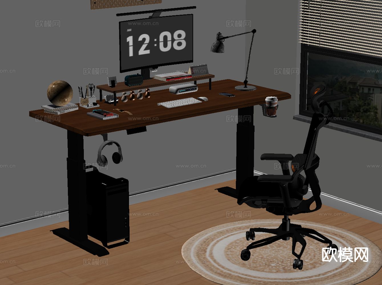书桌椅 升降电脑桌su模型下载（渲染图1）