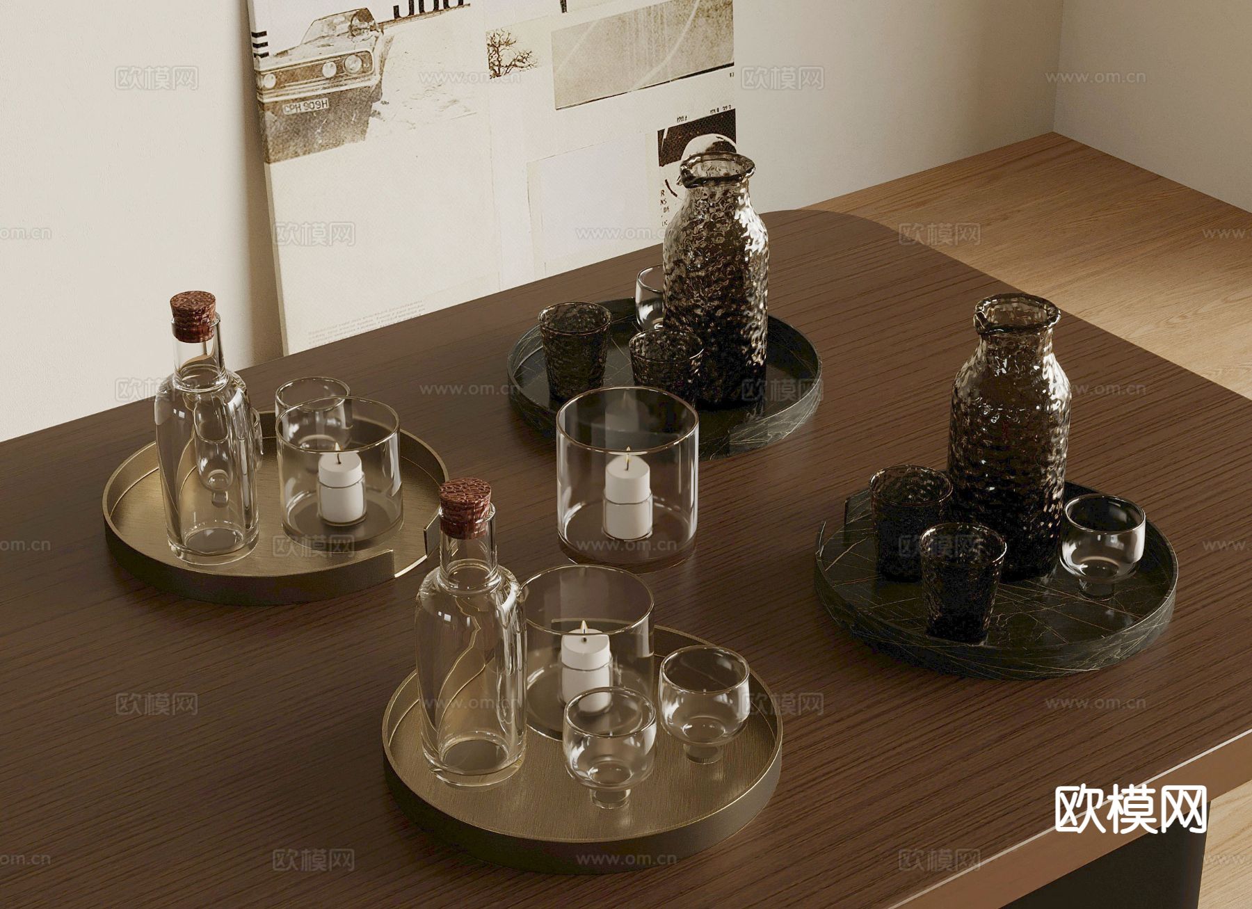 水杯 水壶 水瓶 酒水 托盘su模型下载（渲染图2）