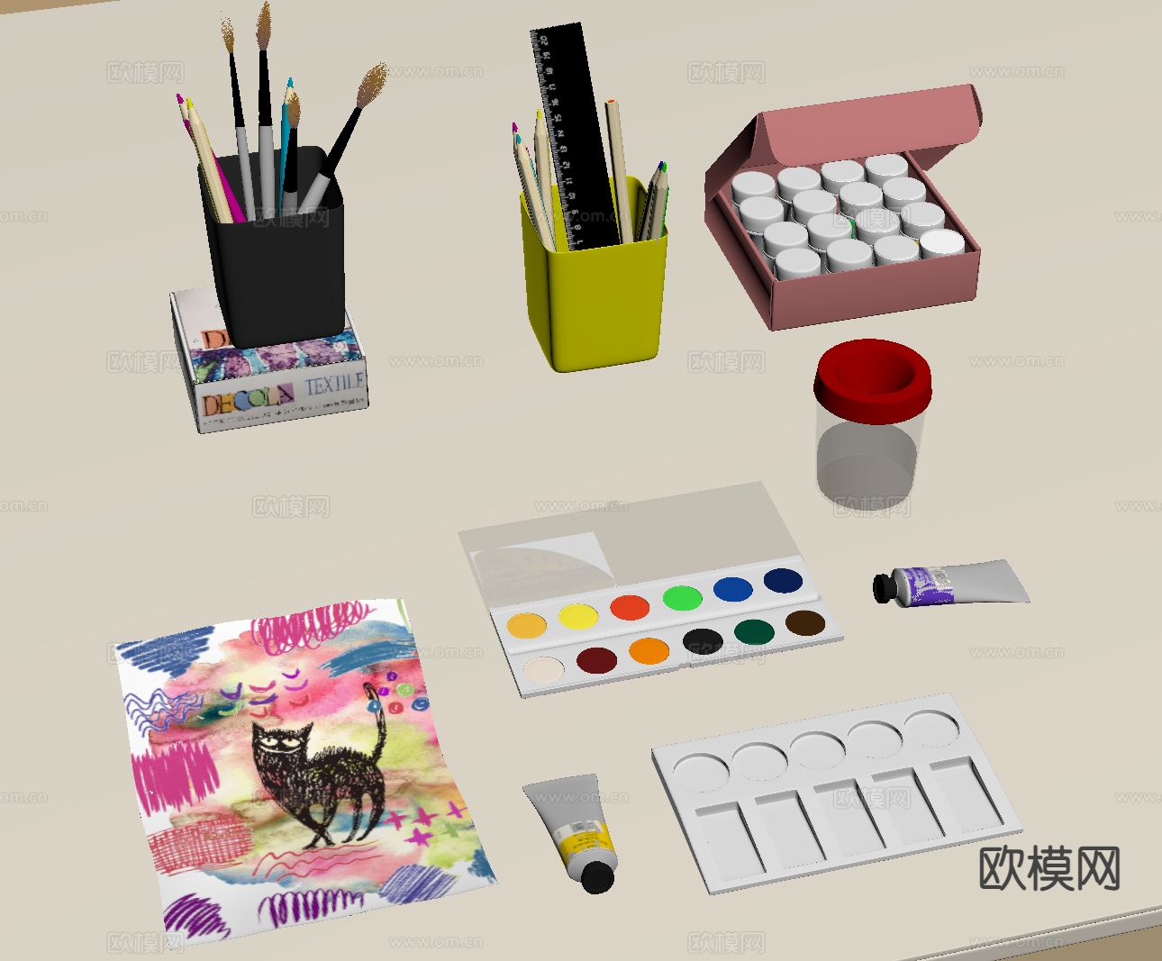 美术用品 儿童彩铅 画笔 绘本 颜料su模型下载（渲染图1）