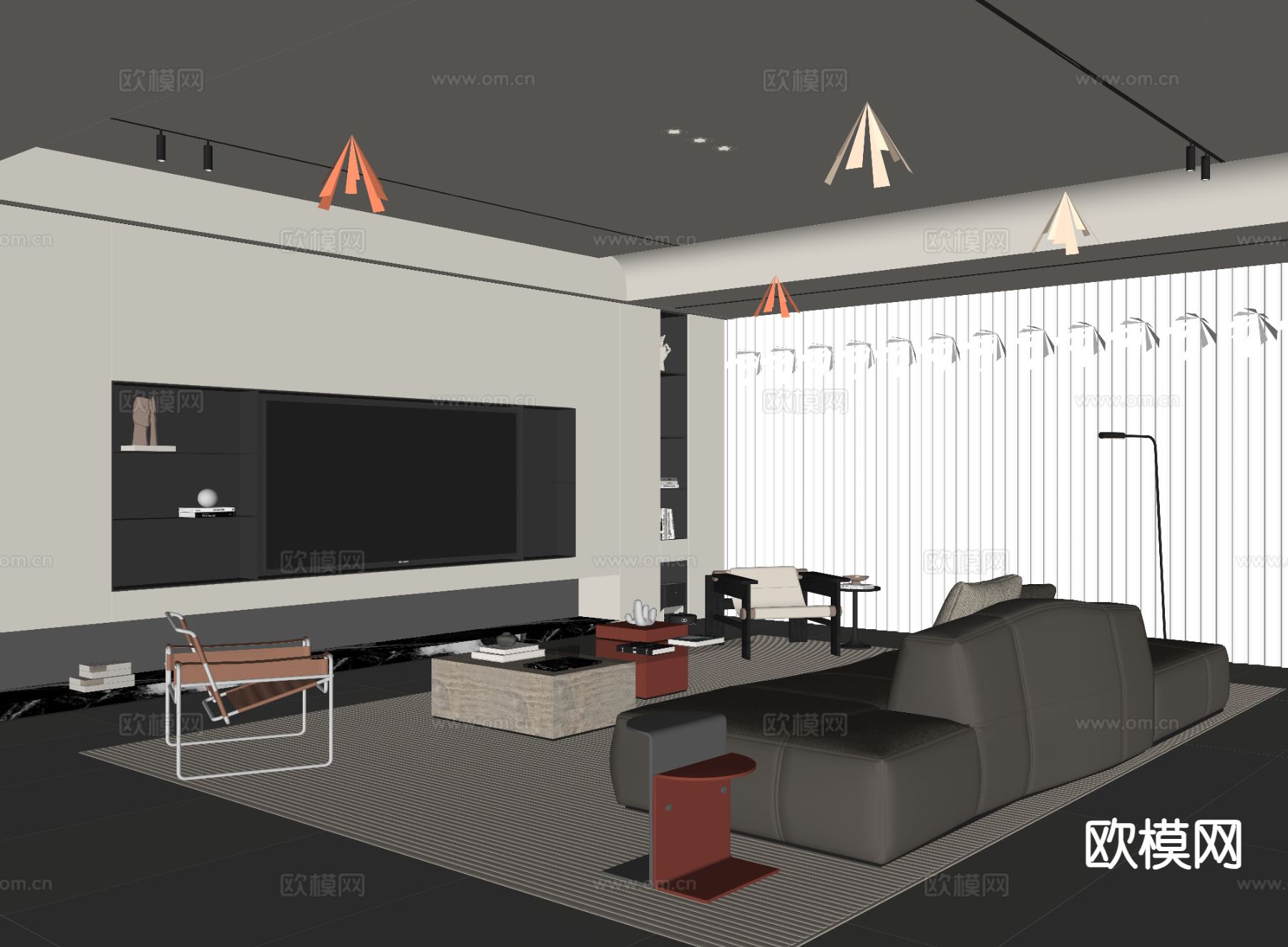 现代客厅 大平层客厅su模型下载（渲染图1）