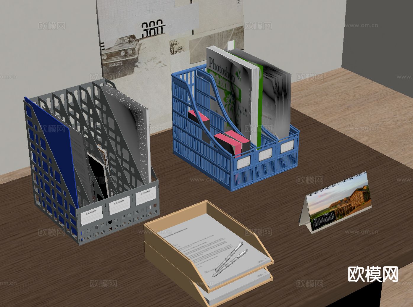 现代办公用品 书架书筐su模型下载（渲染图1）