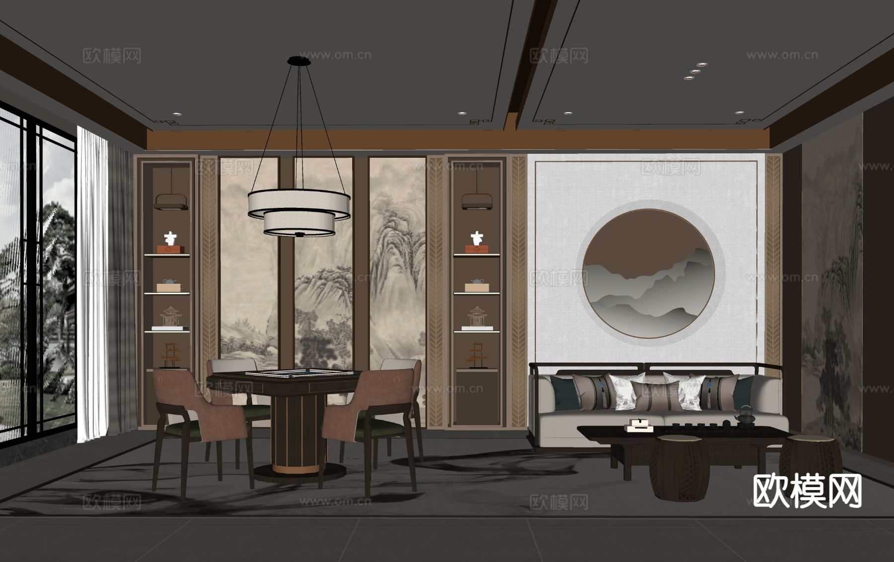 新中式休闲室 麻将房su模型下载（渲染图1）