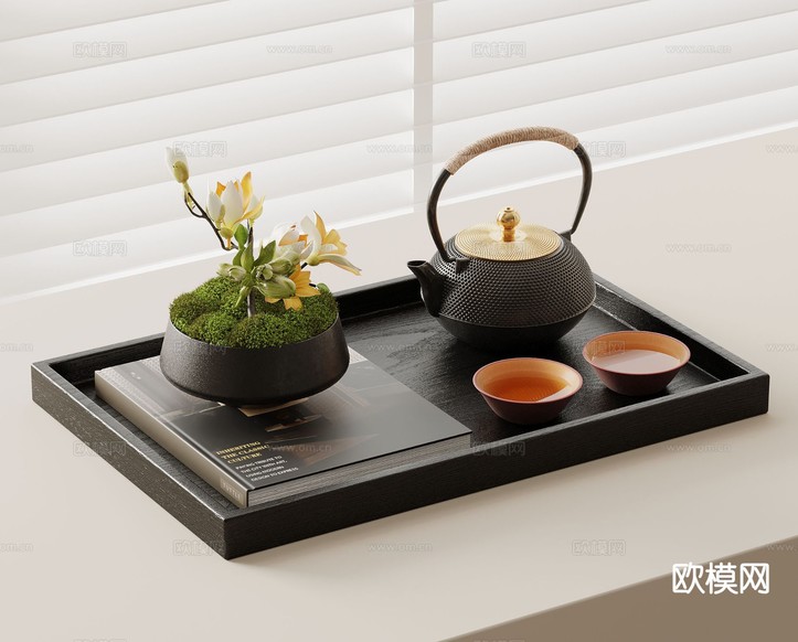 新中式茶具 茶壶 茶杯 植物su模型下载(渲染图2)