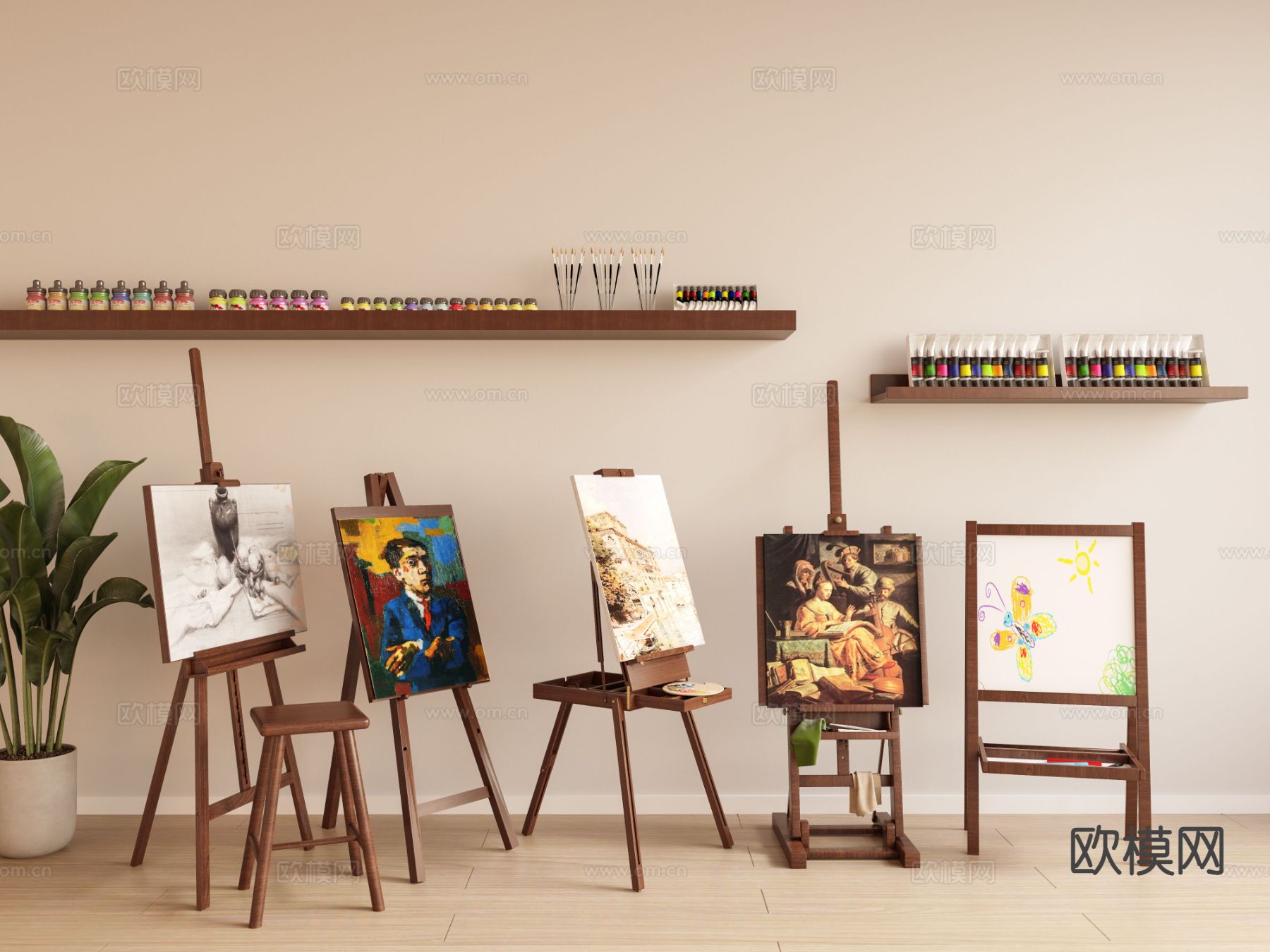 画具 画室 画架 颜料su模型下载（渲染图2）