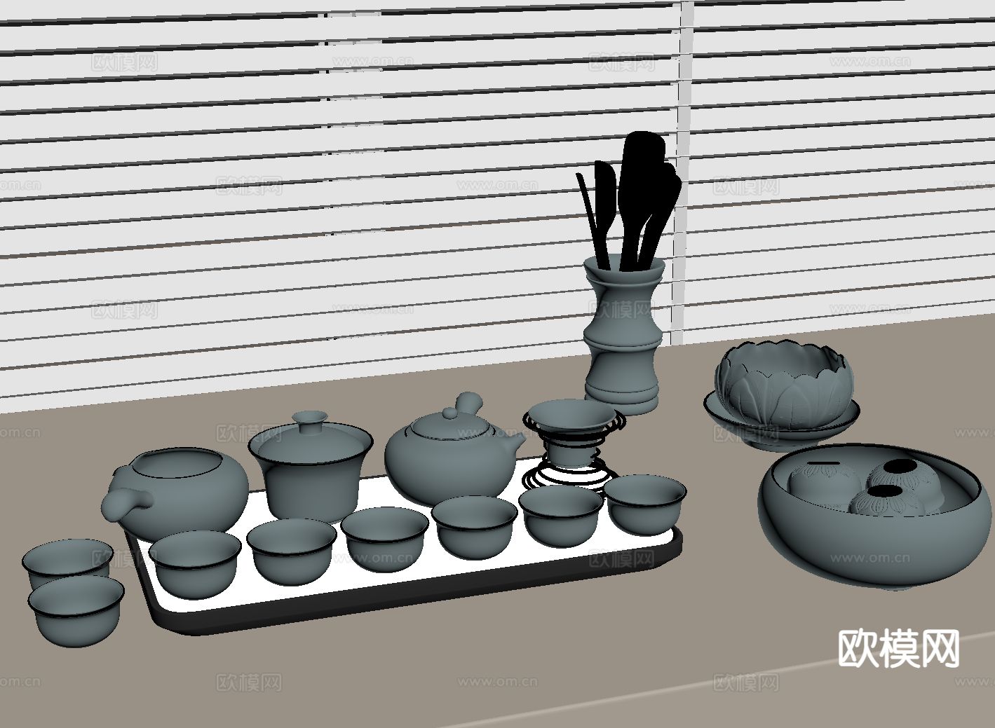 新中式禅意茶具 茶盘su模型下载（渲染图1）