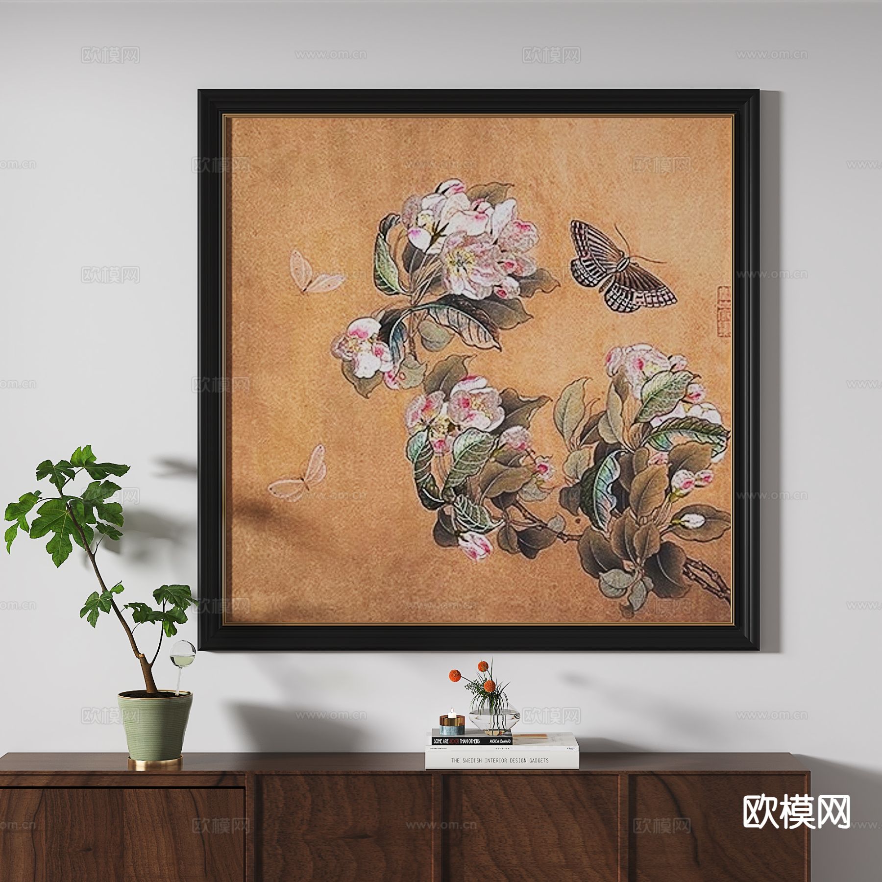 中古风花鸟画 蝴蝶画 装饰画3d模型