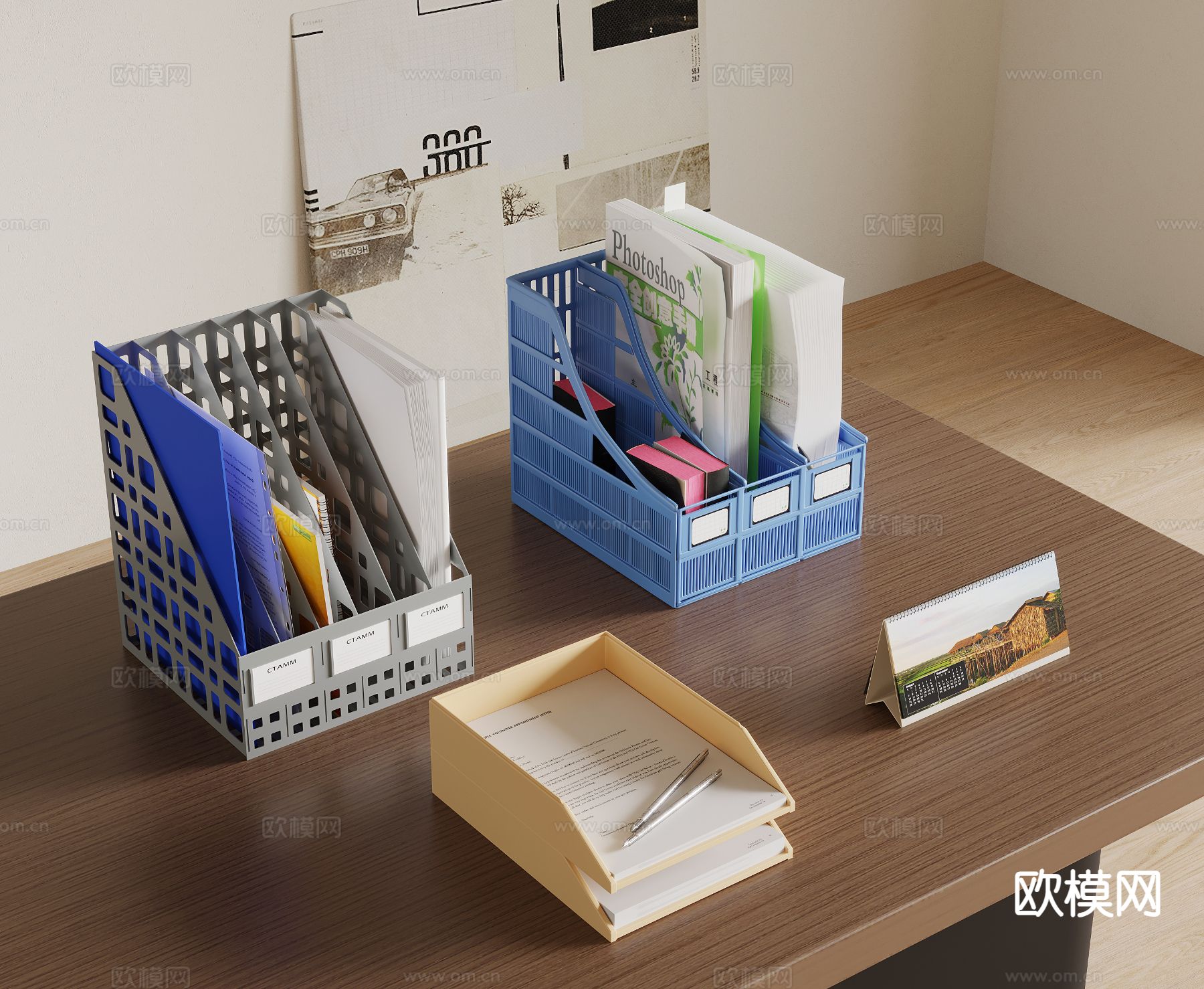 现代办公用品 书架书筐su模型下载（渲染图2）