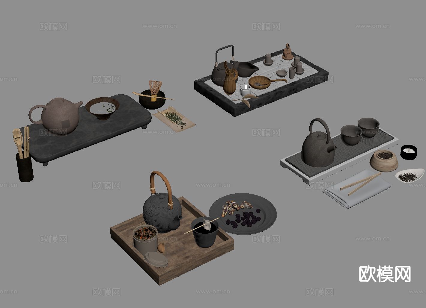 中式茶具 茶壶 紫砂壶 茶盘su模型下载（渲染图1）