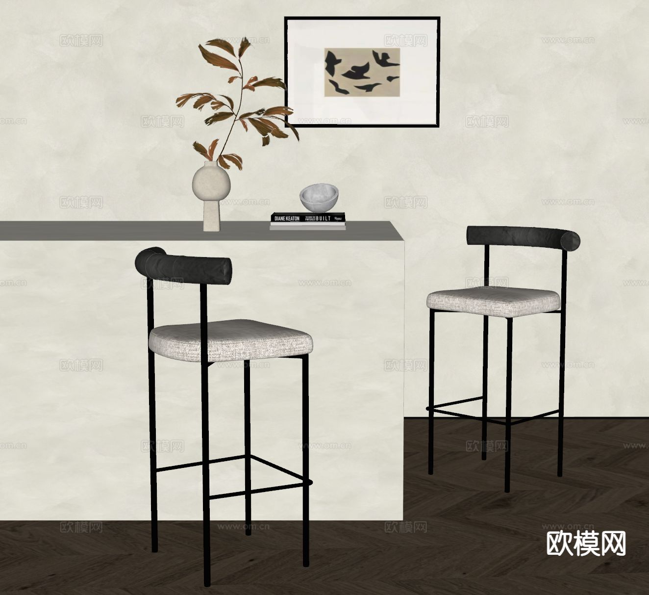 中古风吧椅su模型下载（渲染图1）