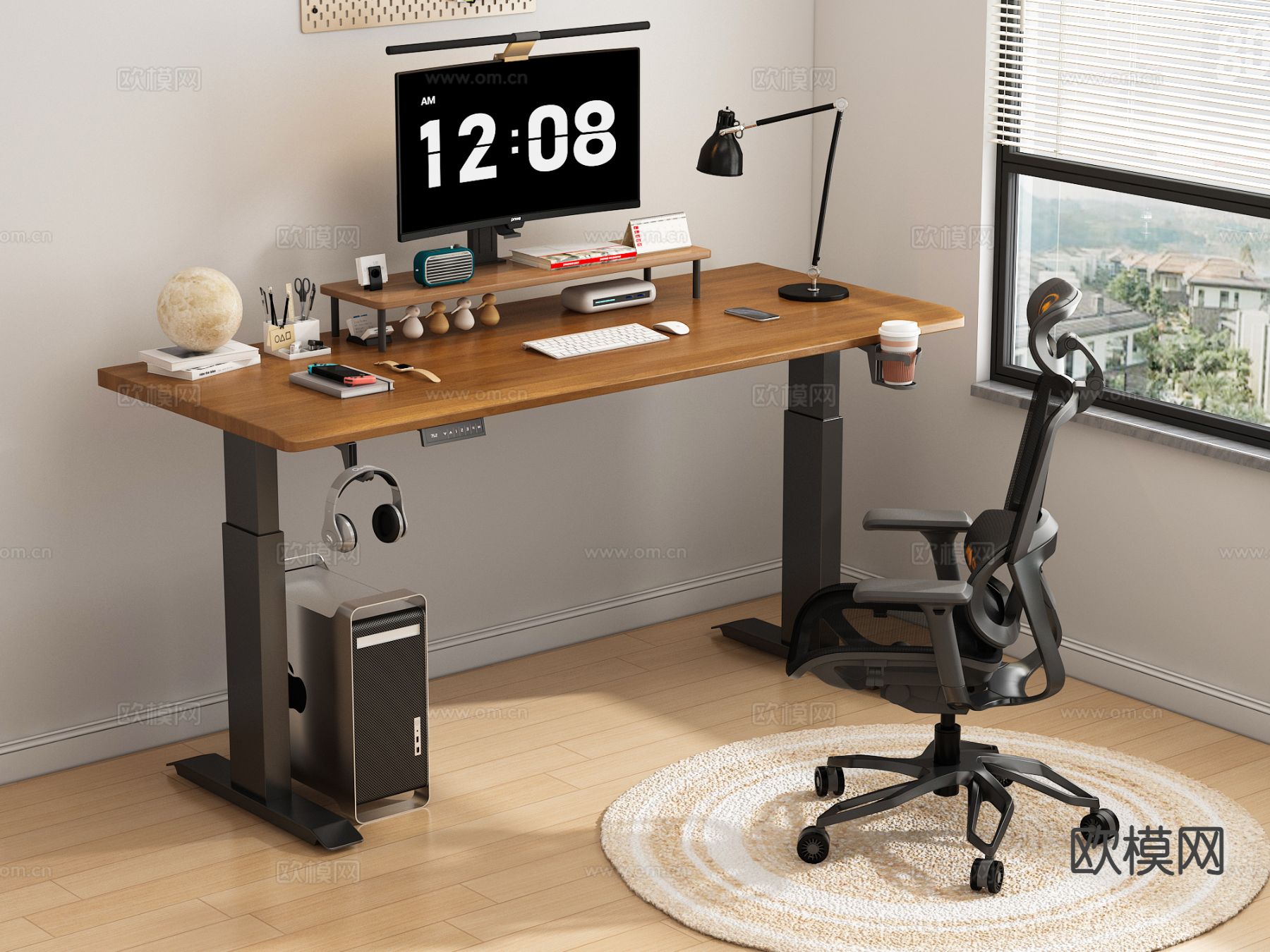 书桌椅 升降电脑桌su模型下载（渲染图2）