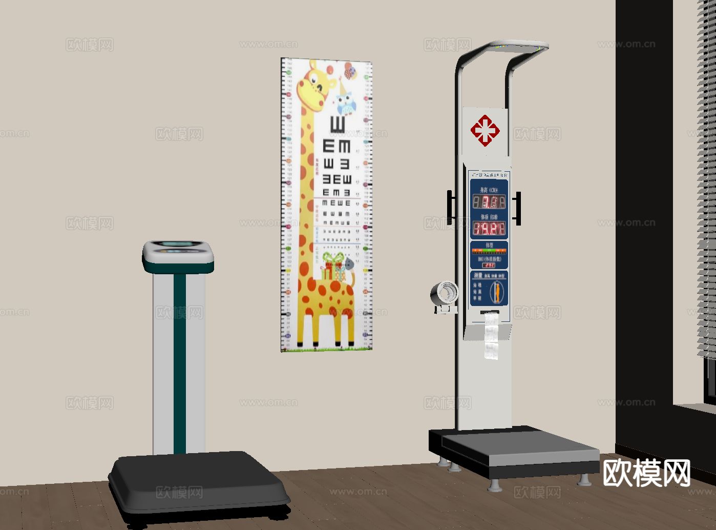 体重仪 身高测量器 儿童视力表su模型下载（渲染图1）