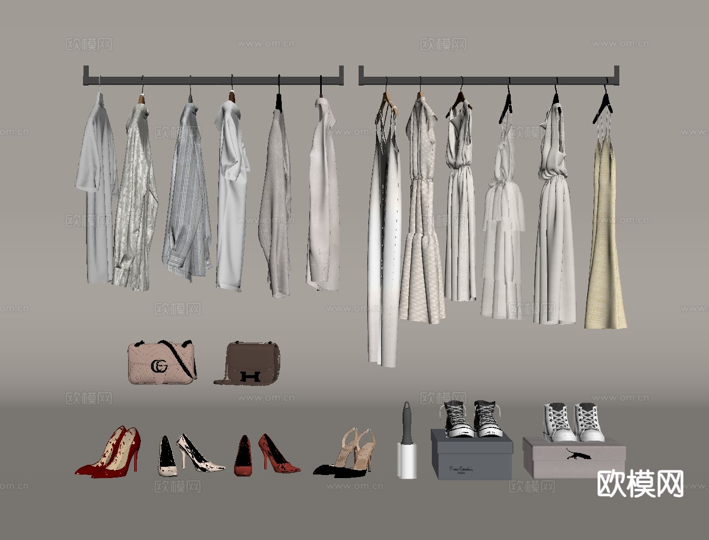 现代挂衣杆 衣服服饰 鞋帽箱包su模型下载（渲染图1）