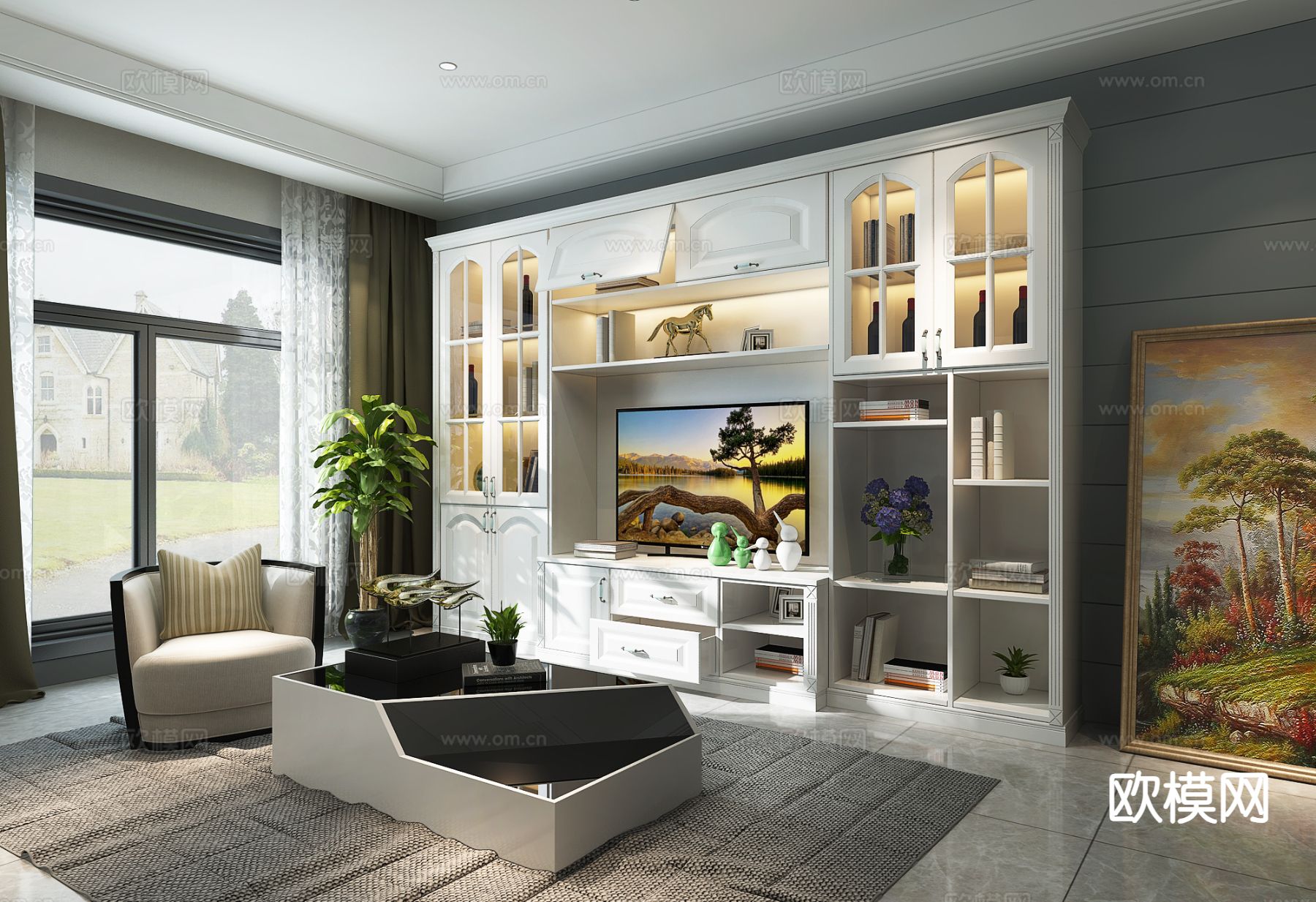 法式电视柜 边柜su模型下载（渲染图3）