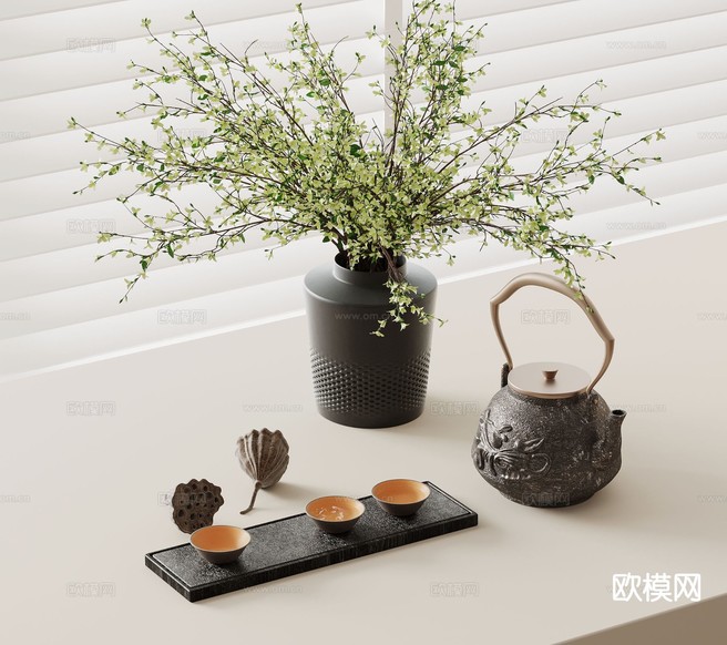 新中式茶具 茶壶 茶杯 植物su模型下载(渲染图2)