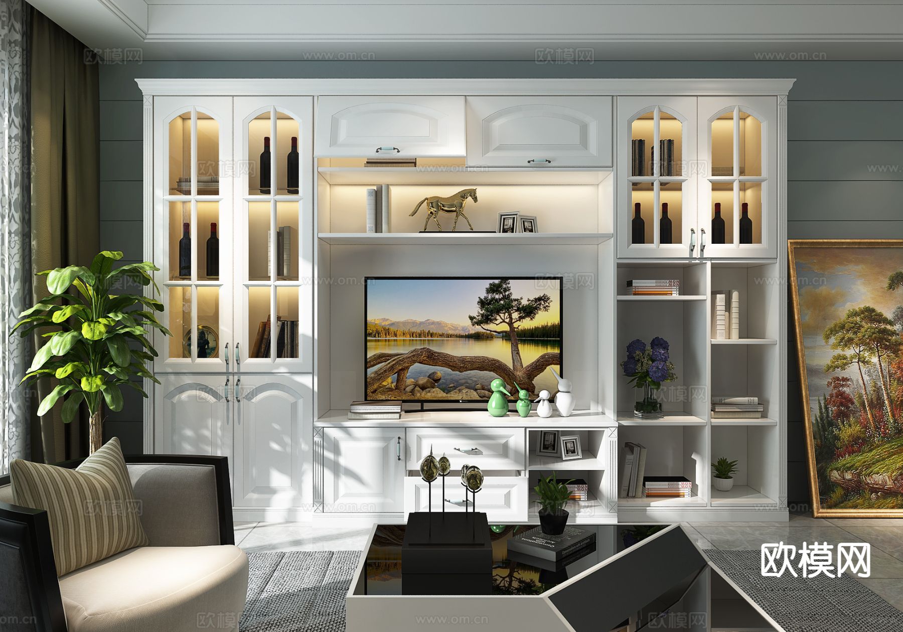 法式电视柜 边柜su模型下载（渲染图2）