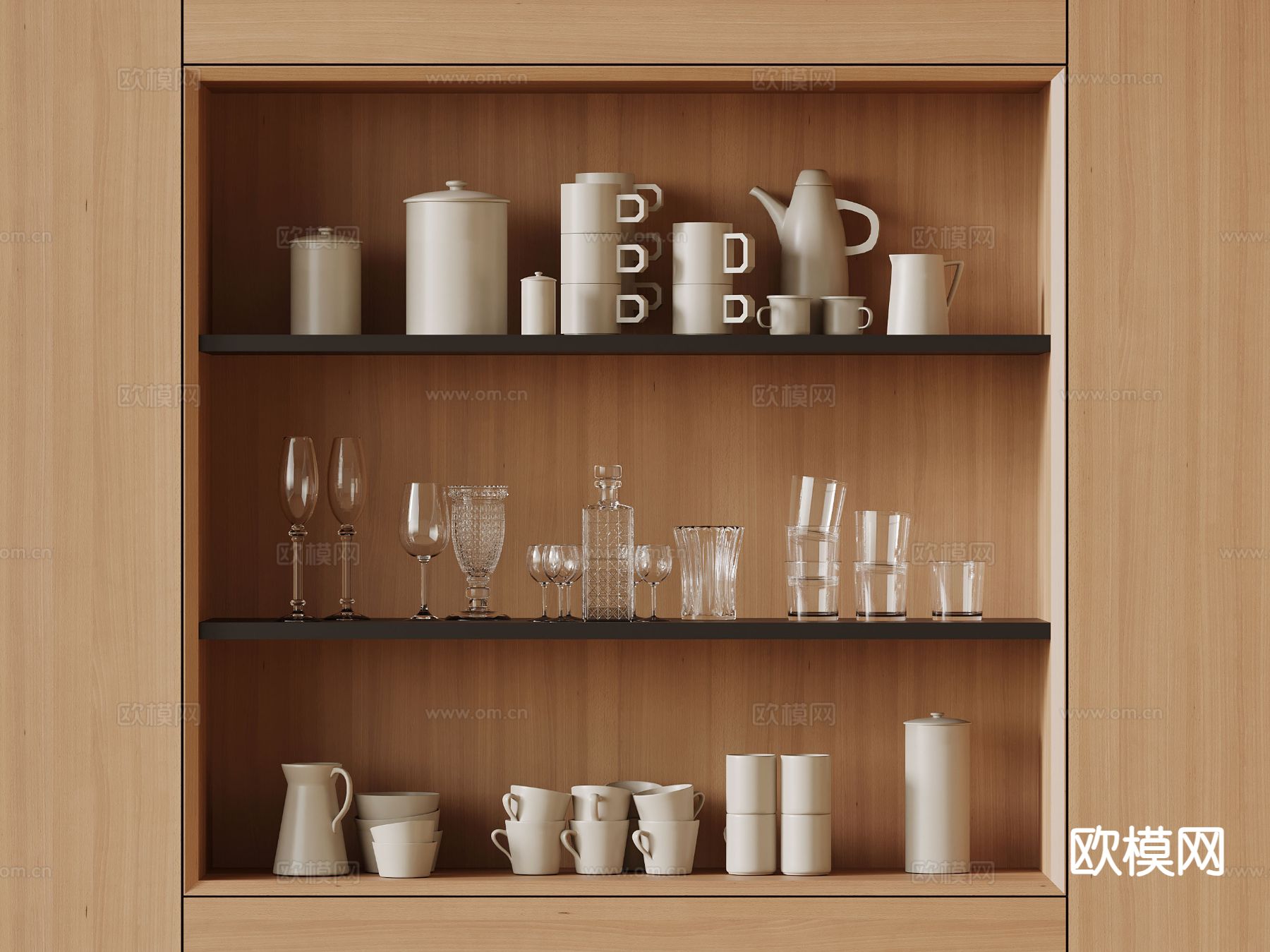 现代厨房用品 碗碟 杯子 水壶su模型下载（渲染图2）