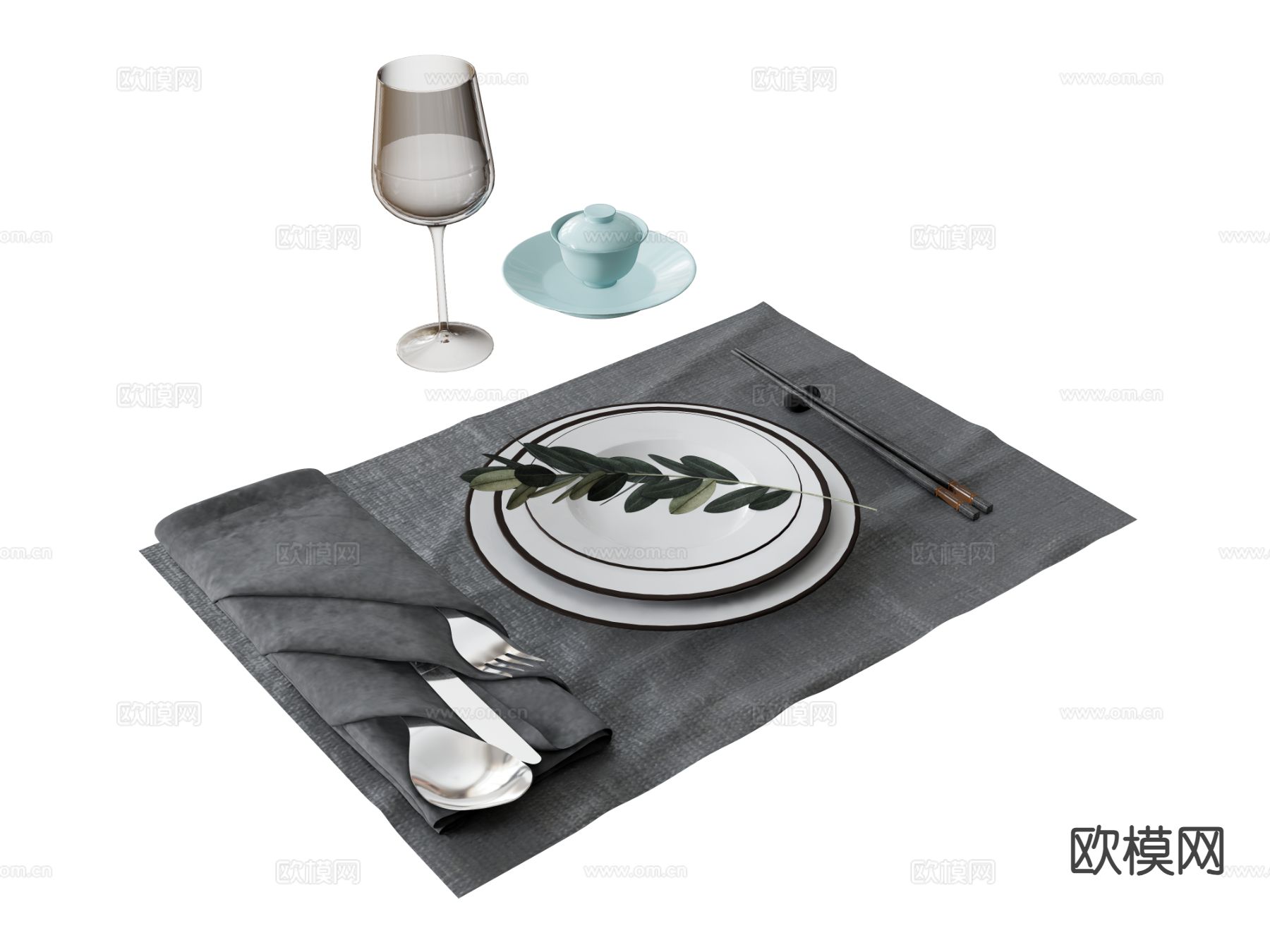 餐具 盘子 酒杯刀叉su模型下载（渲染图2）