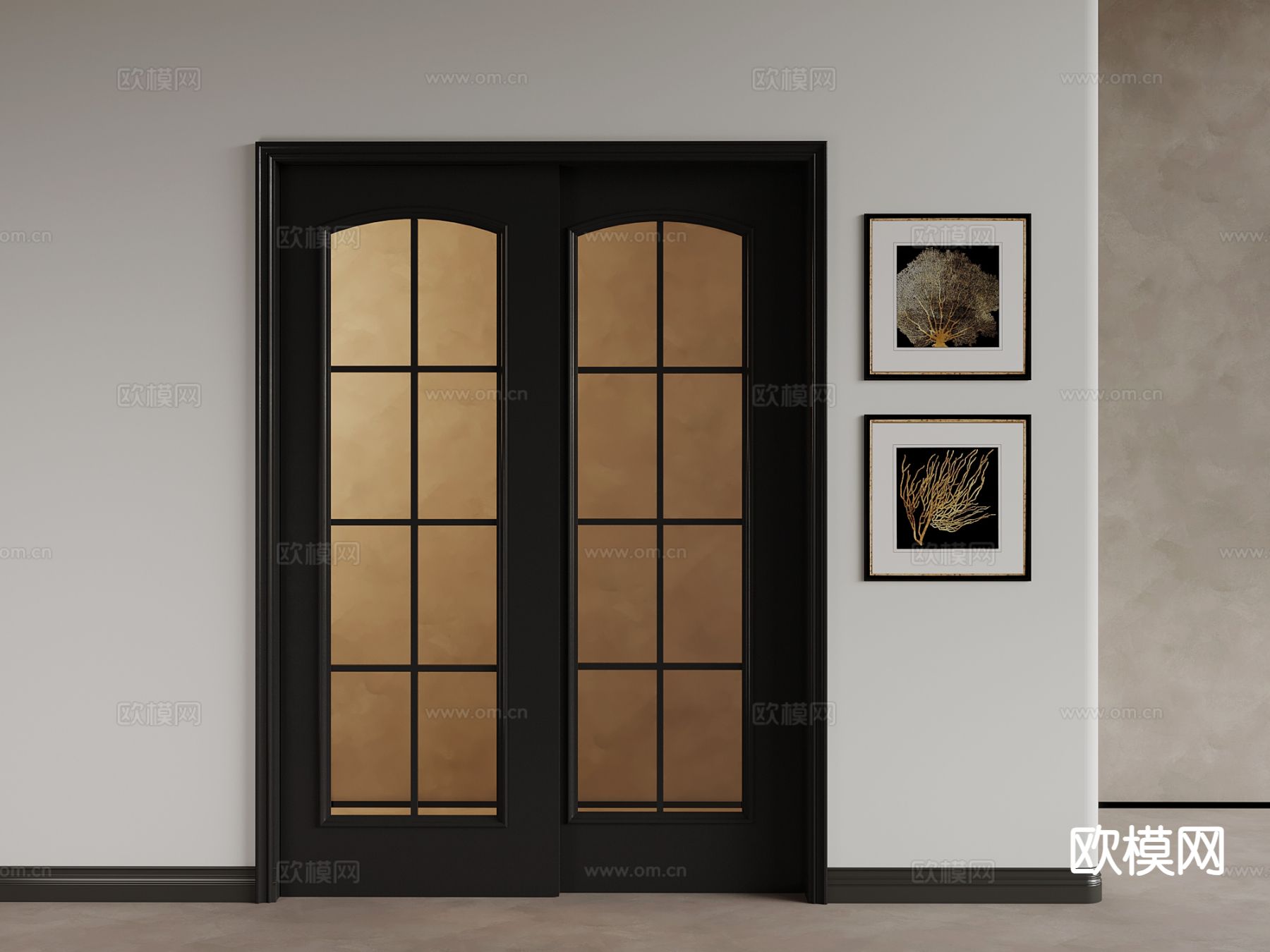 中古风双开门 入户门 玻璃门su模型下载（渲染图2）