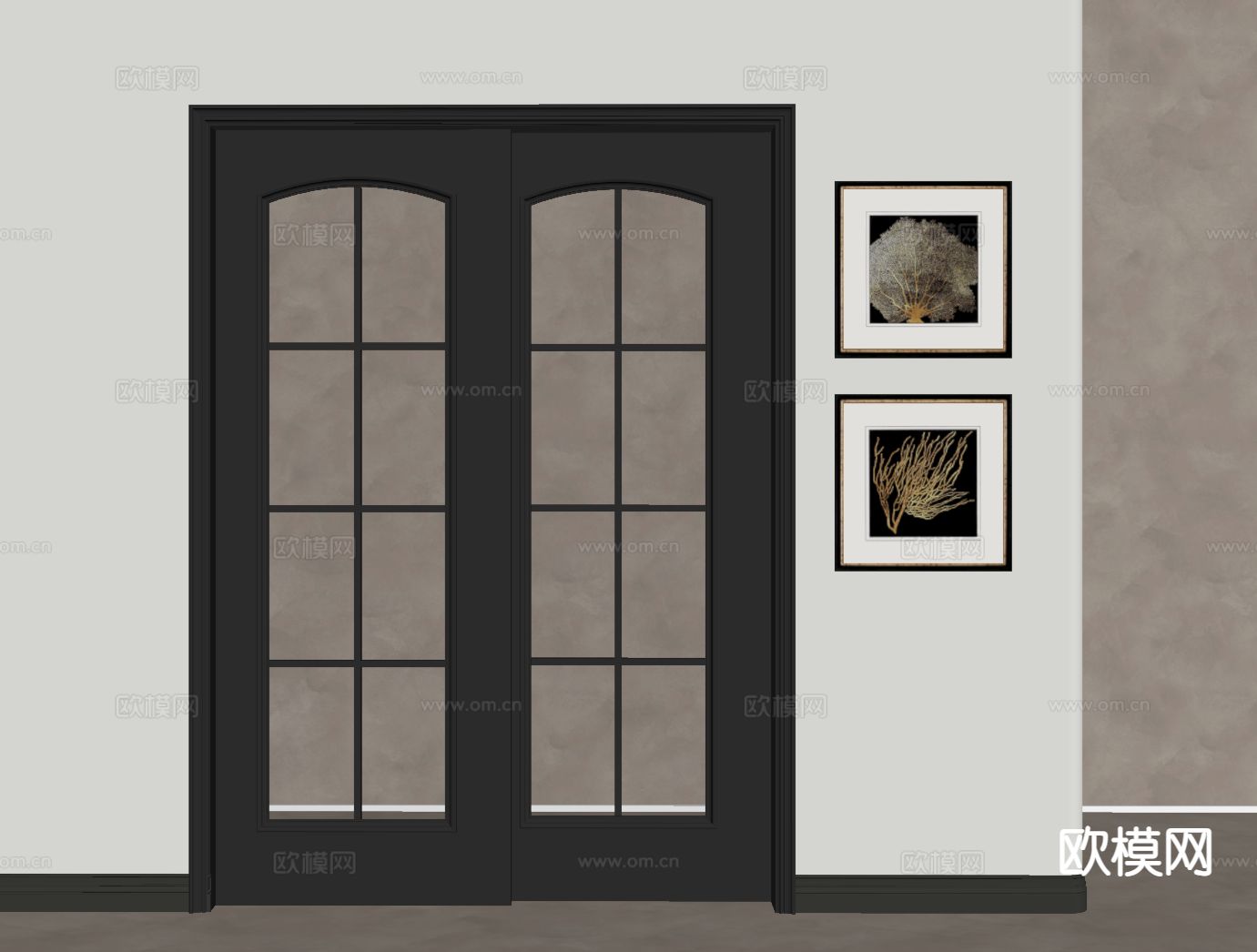 中古风双开门 入户门 玻璃门su模型下载（渲染图1）