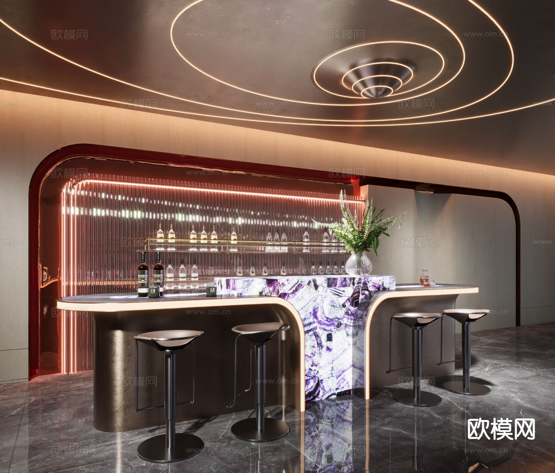 现代发光石吧台su模型下载（渲染图3）