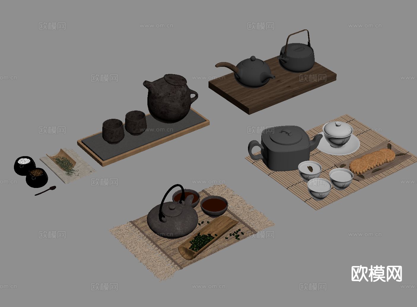 中式茶具 茶壶 紫砂壶 茶盘su模型下载（渲染图1）
