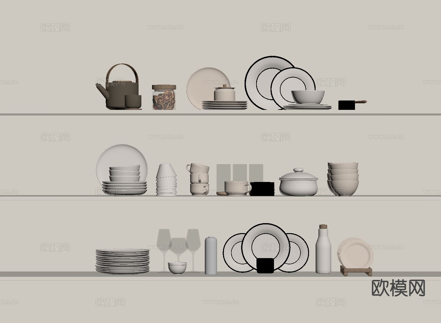 现代餐具 盘子 炖盅 水壶su模型下载（渲染图1）