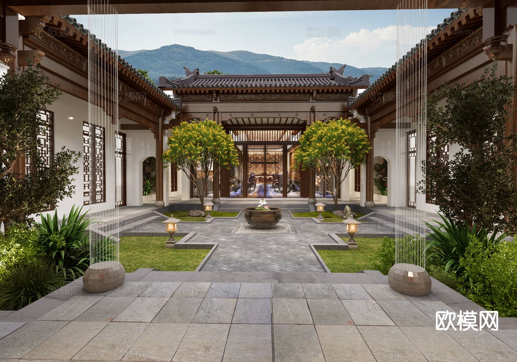 中式庭院鸟瞰规划3d模型下载（渲染图2）