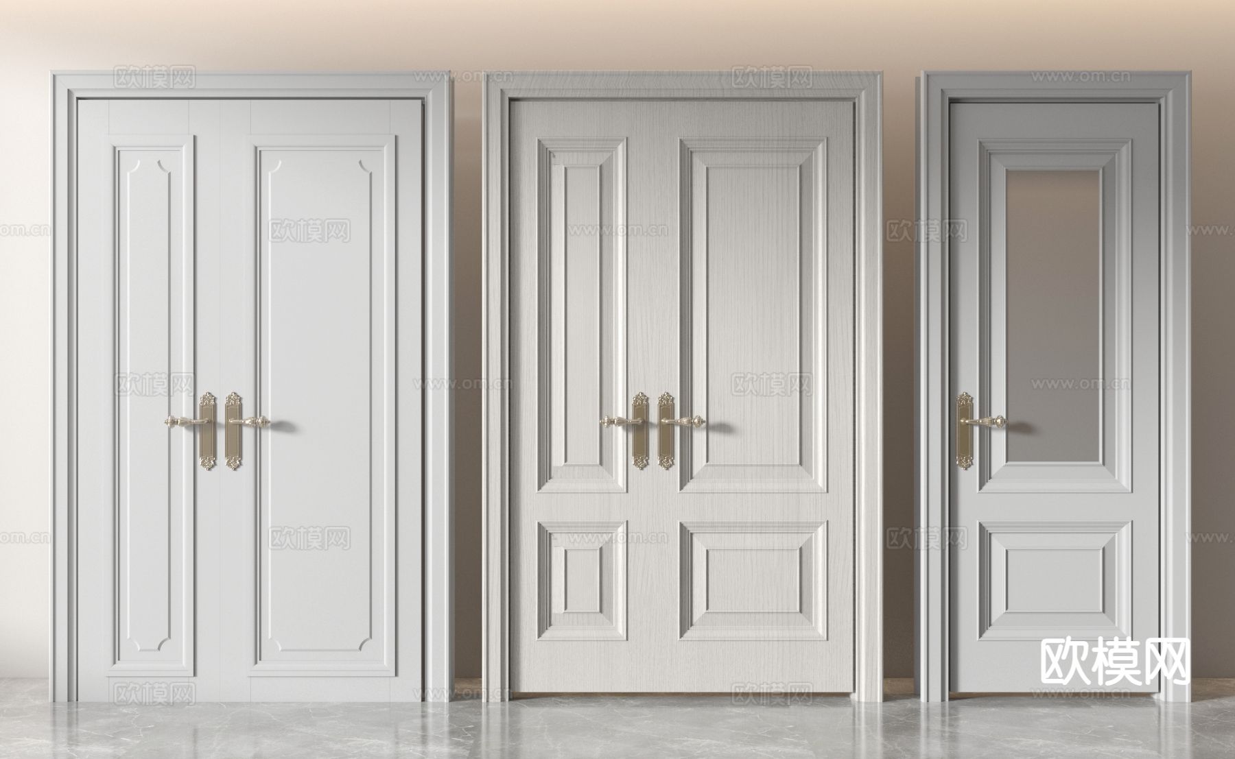 简欧双开门 实木门 入户门 子母门3d模型下载（渲染图1）