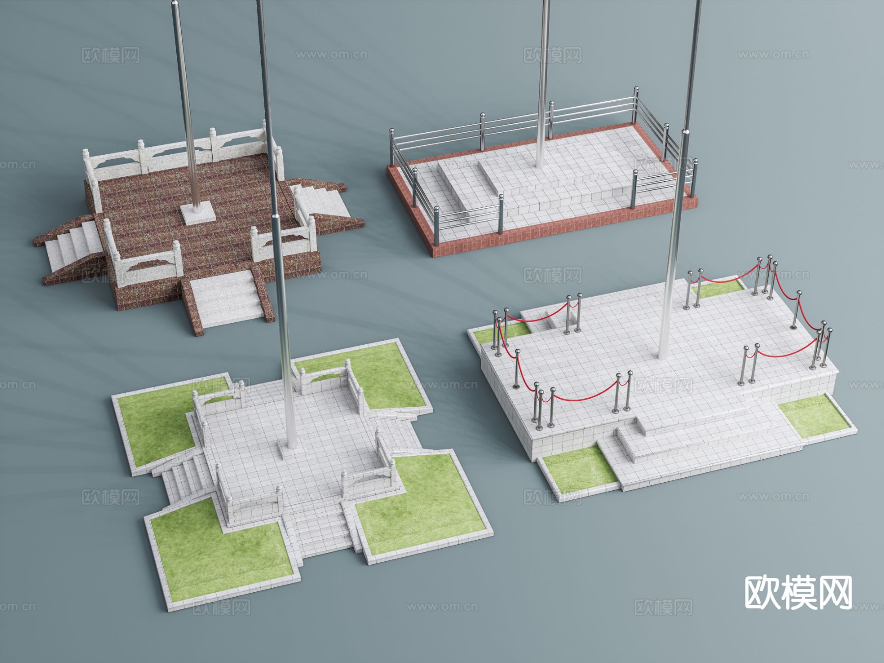 学校升旗台 旗杆su模型下载（渲染图2）