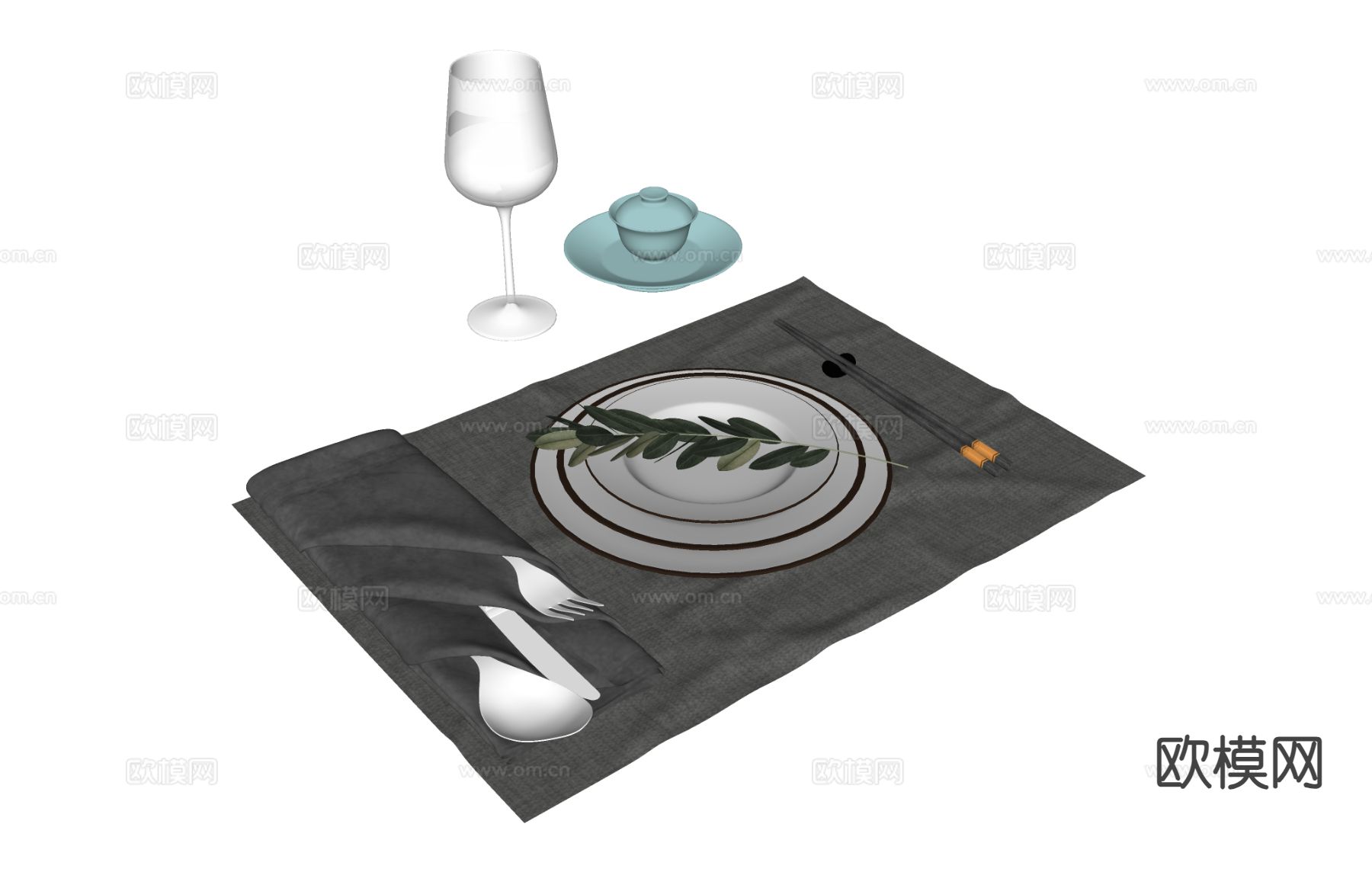餐具 盘子 酒杯刀叉su模型下载（渲染图1）