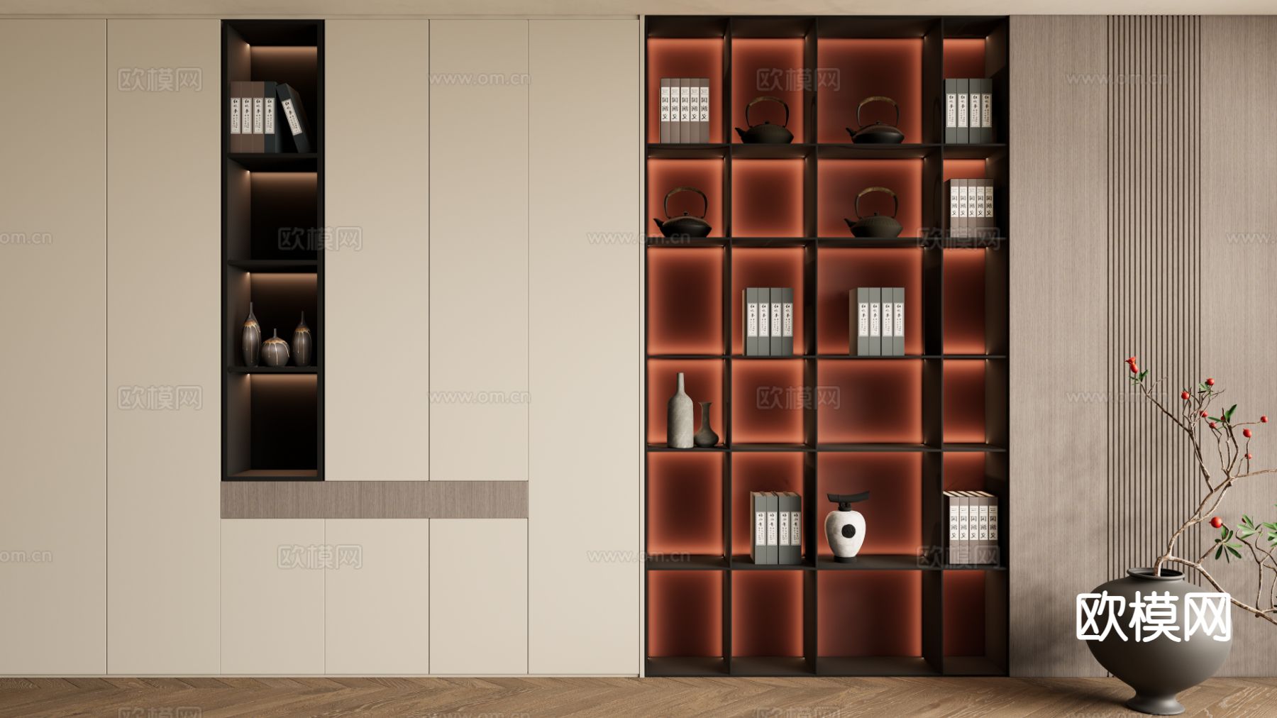 新中式书柜背景墙 装饰背景墙3d模型下载