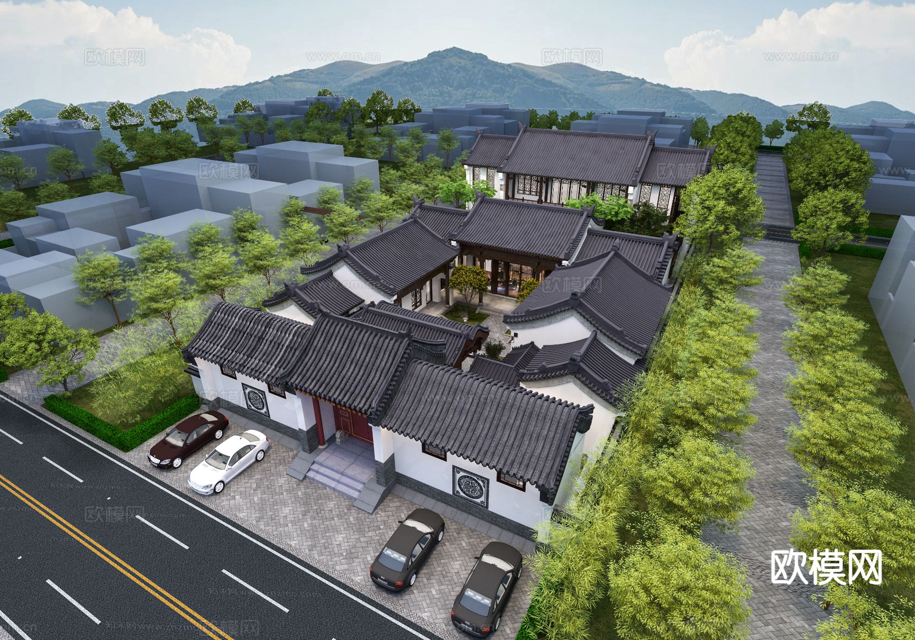 中式庭院鸟瞰规划3d模型下载（渲染图3）