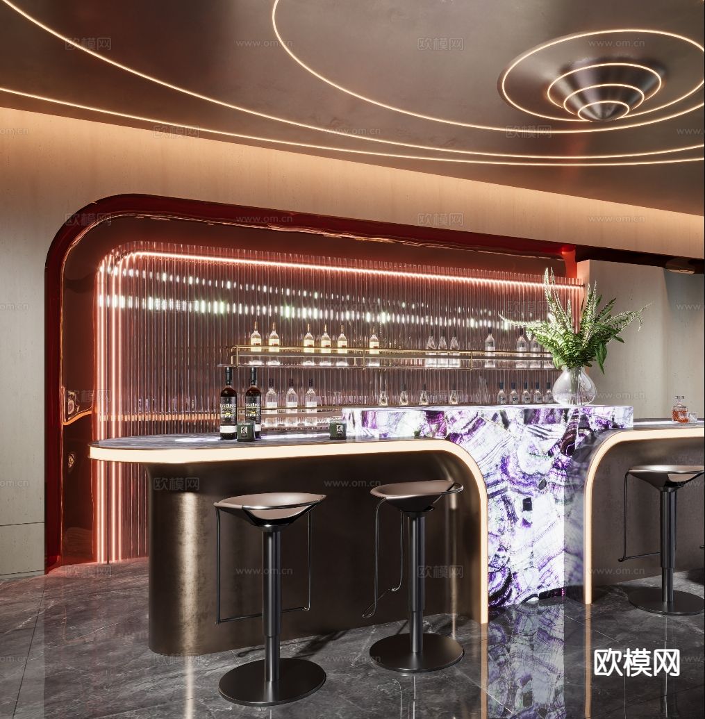 现代发光石吧台su模型下载（渲染图2）