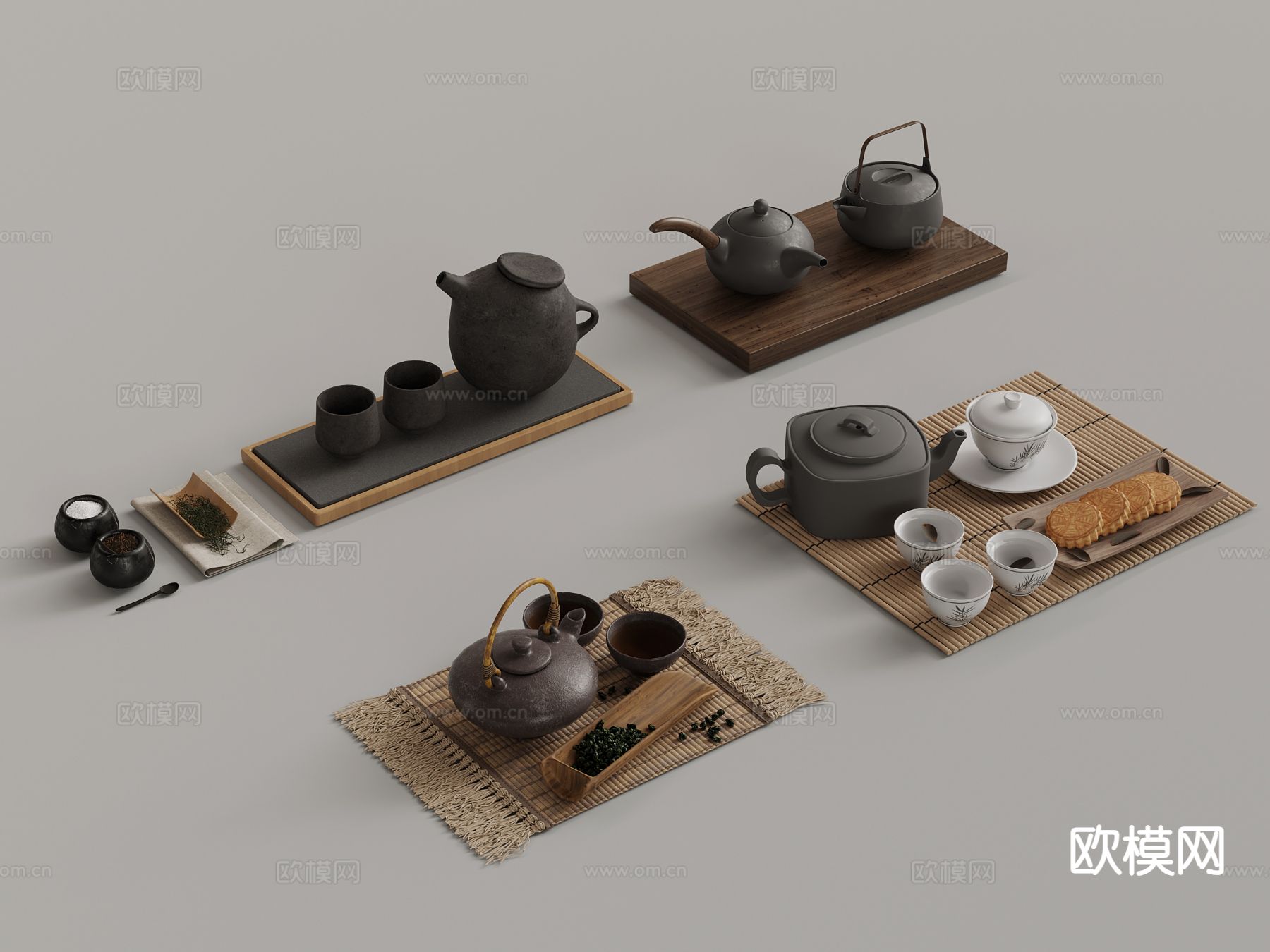 中式茶具 茶壶 紫砂壶 茶盘su模型下载（渲染图2）