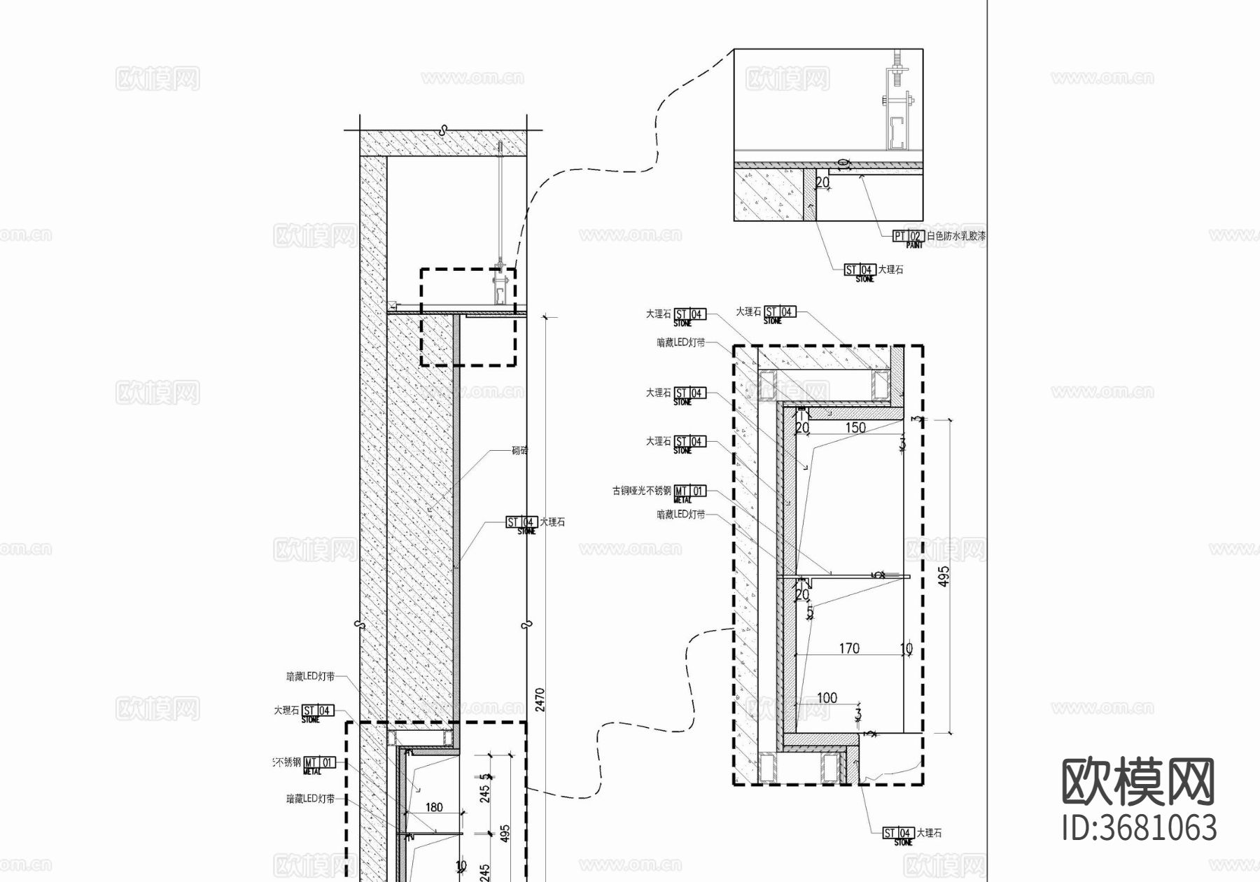 卫生间淋浴房壁龛及壁挂式马桶施工大样详图 不锈钢壁龛cad大样图