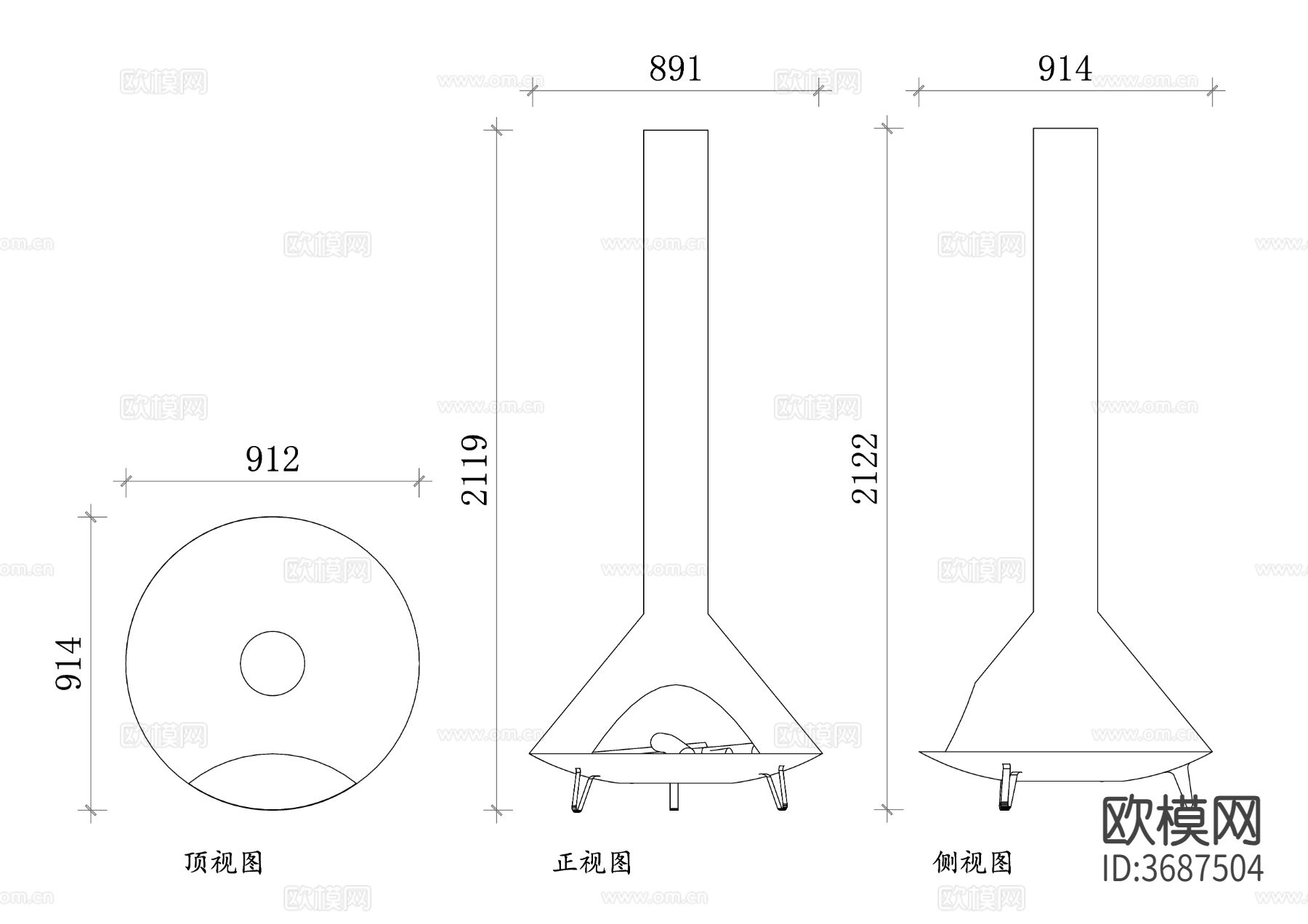 别墅吊装壁炉三视图