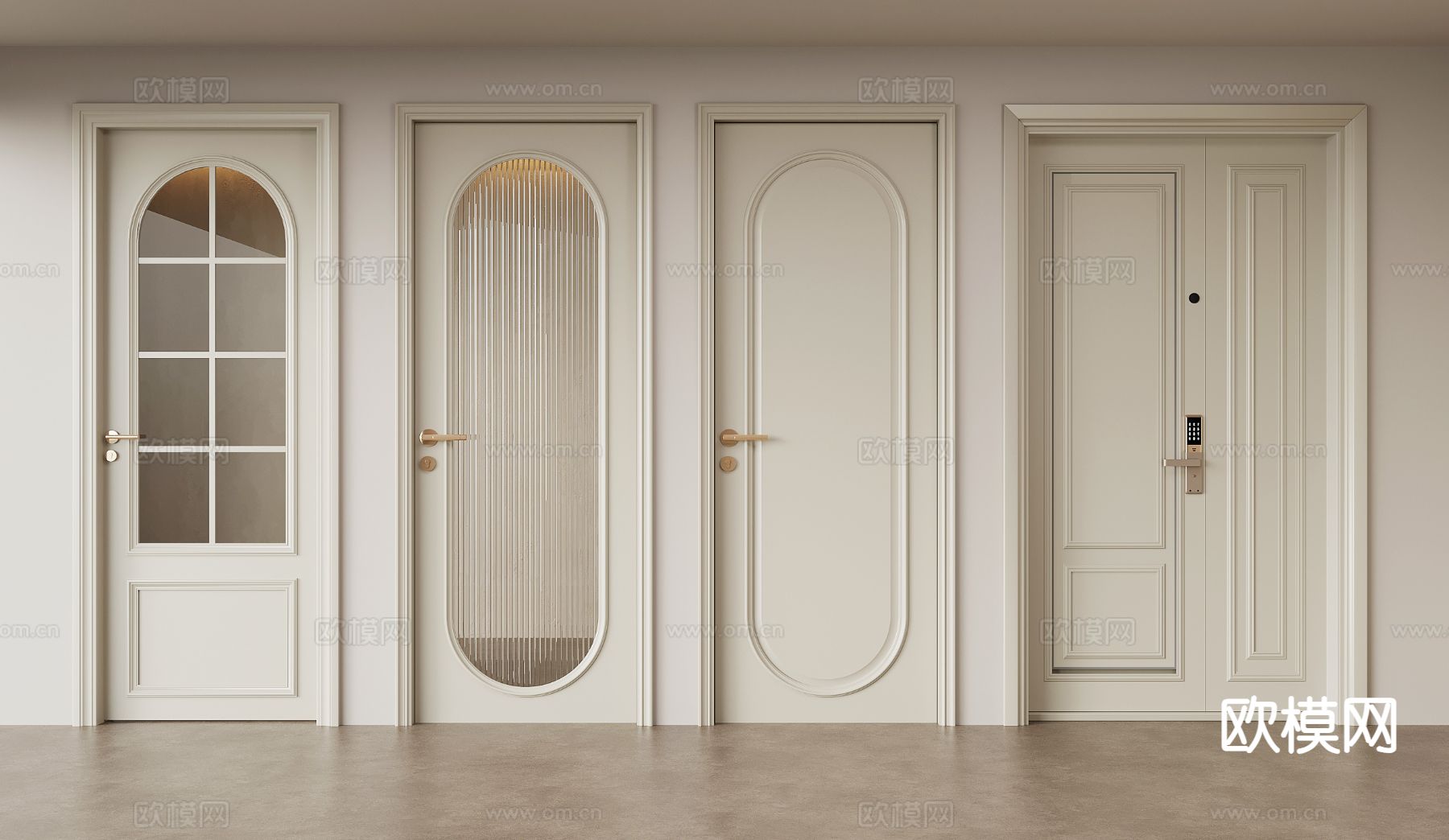 奶油风入户门 单开门 卧室门 卫浴门su模型下载（渲染图2）