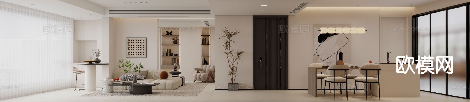 奶油风客餐厅3d模型下载（渲染图1）