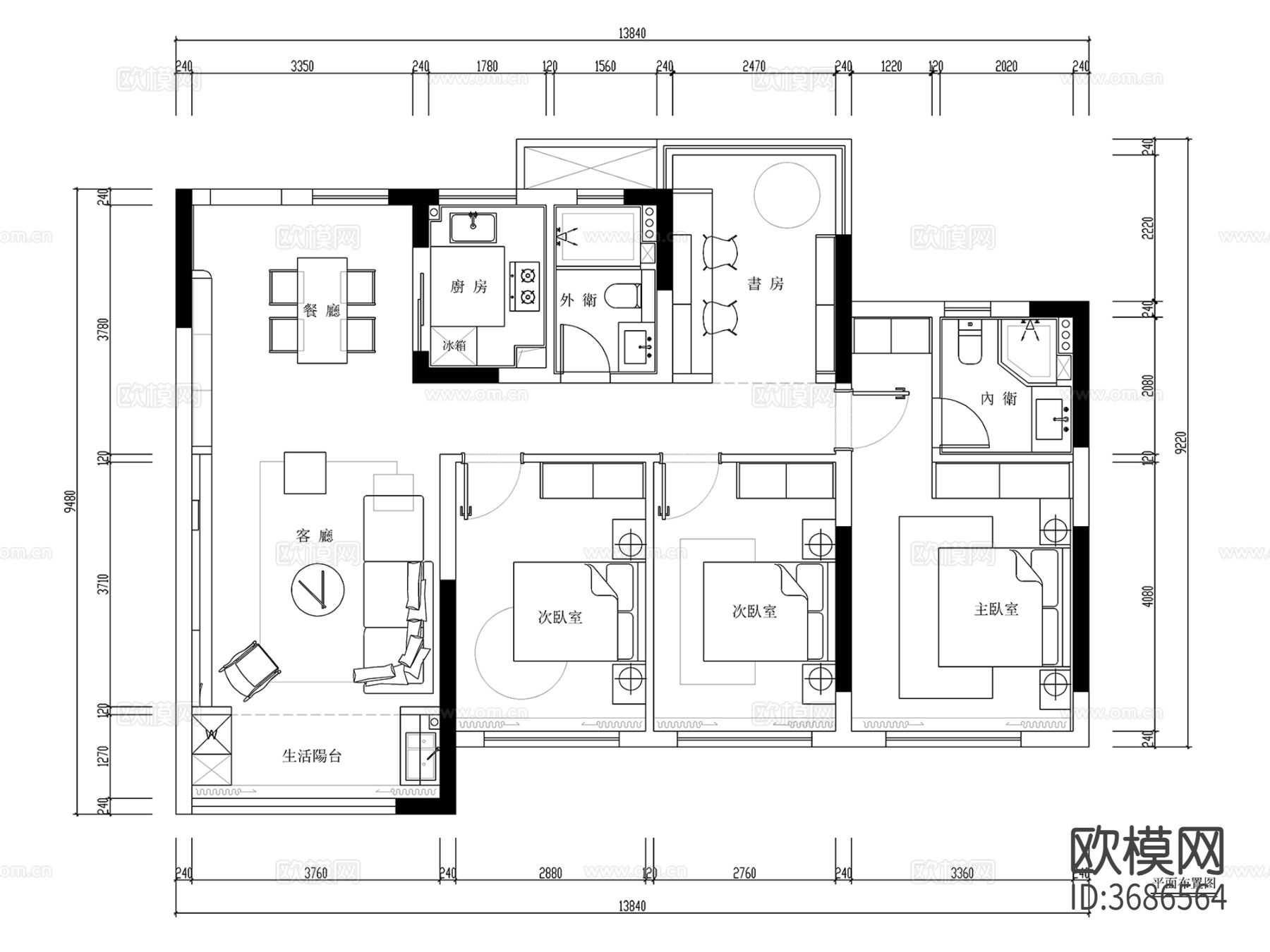 117㎡现代平层 四室二厅 室内cad施工图