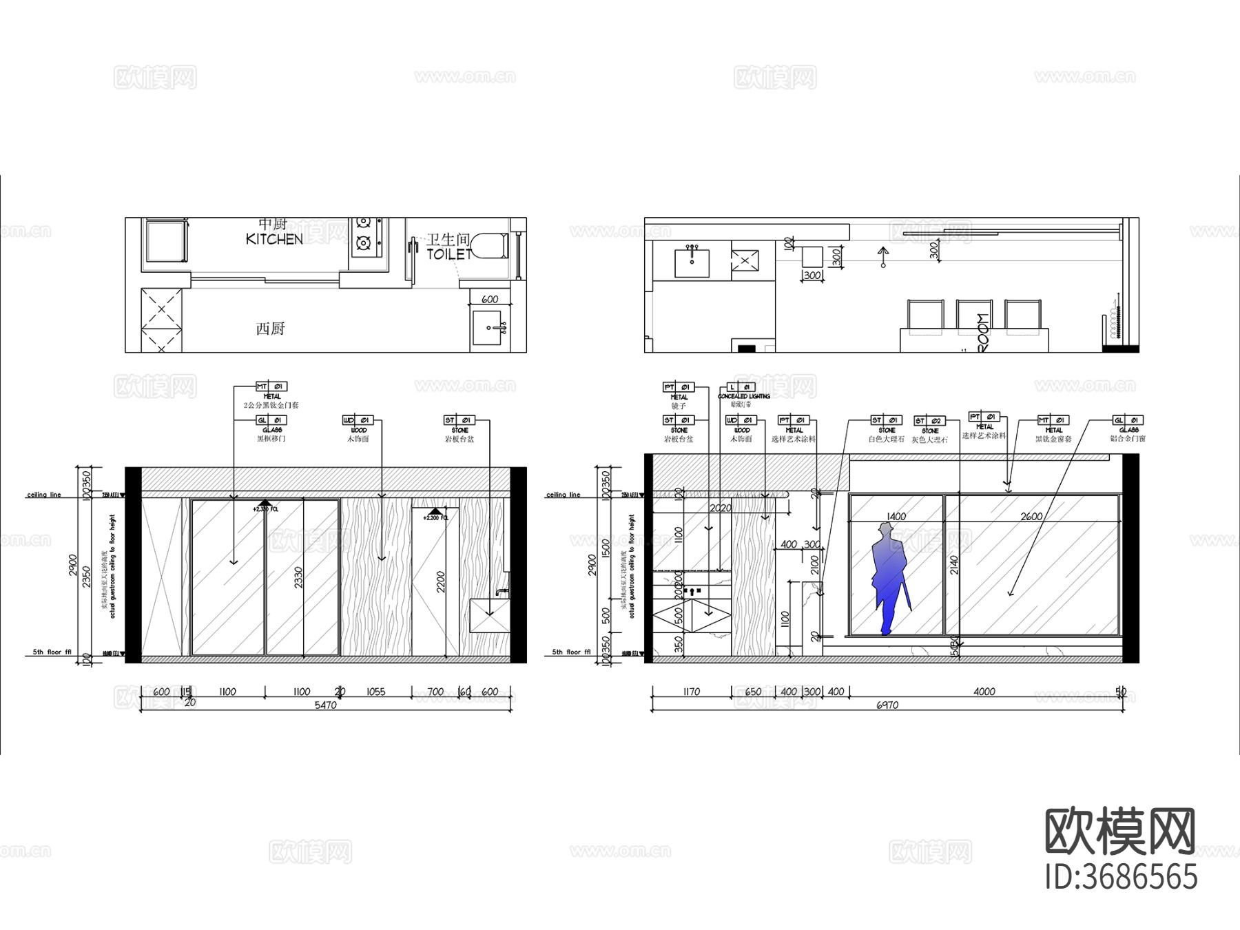 227㎡现代平层 三室二厅 室内cad施工图