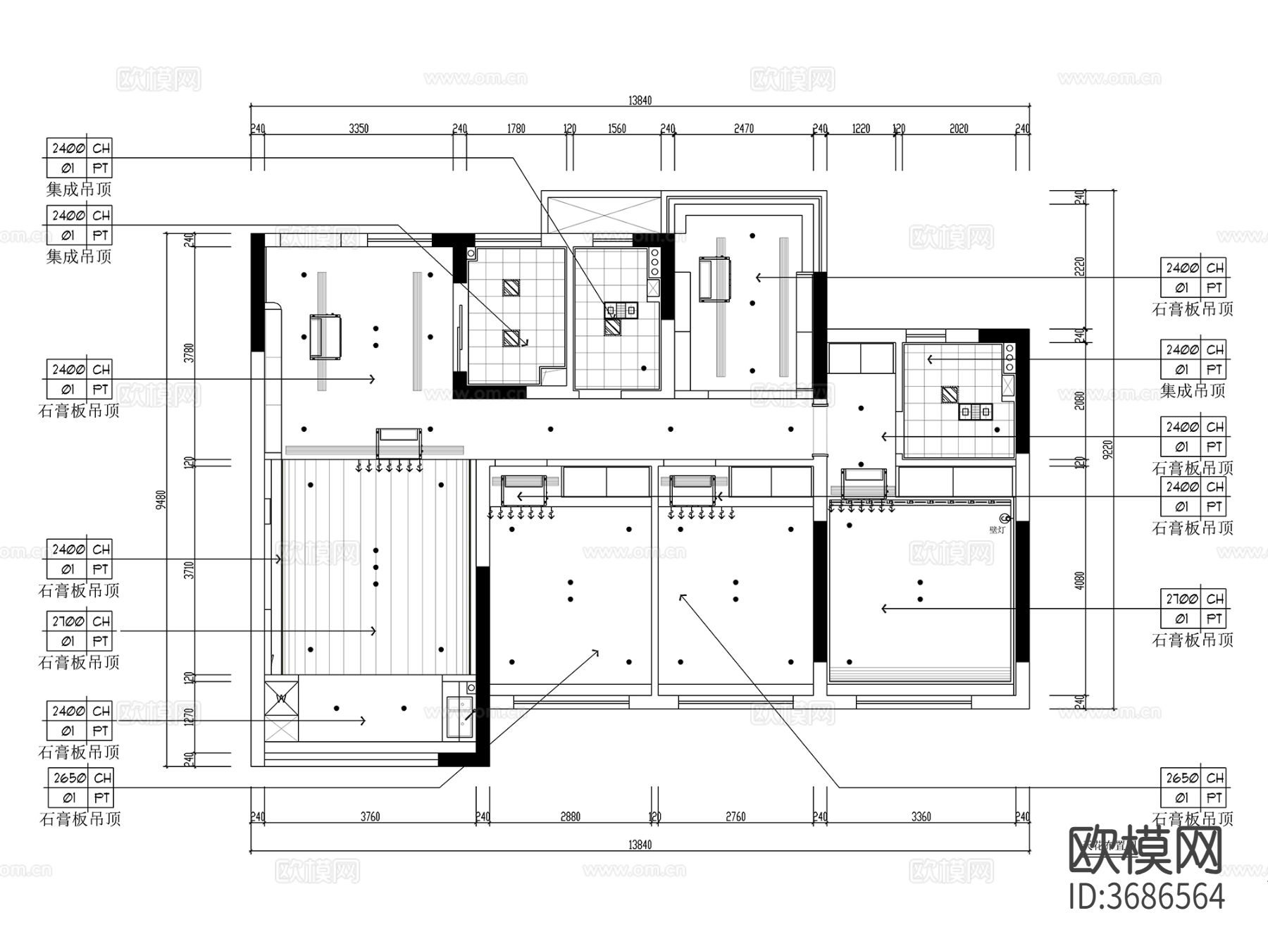 117㎡现代平层 四室二厅 室内cad施工图