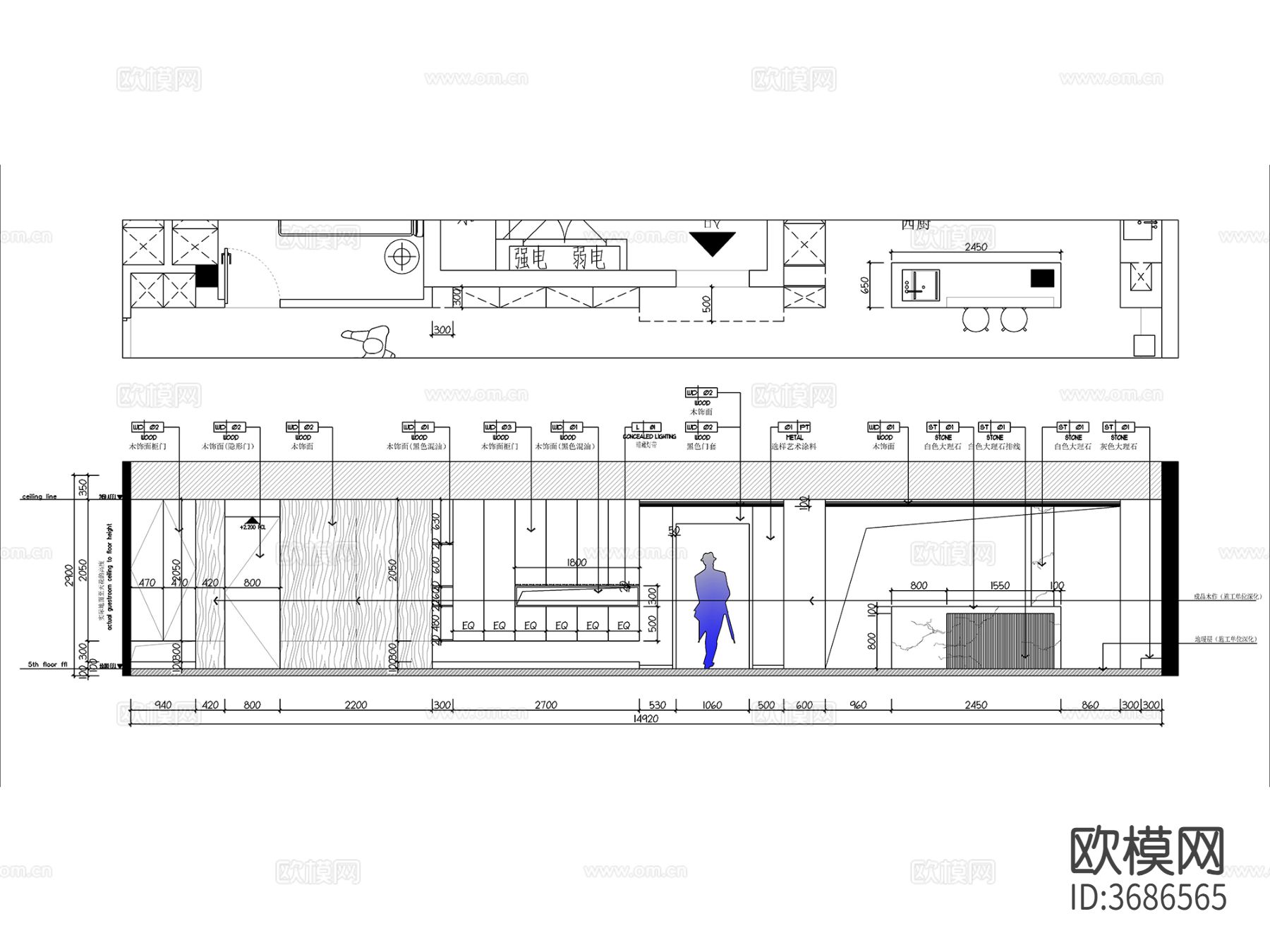 227㎡现代平层 三室二厅 室内cad施工图