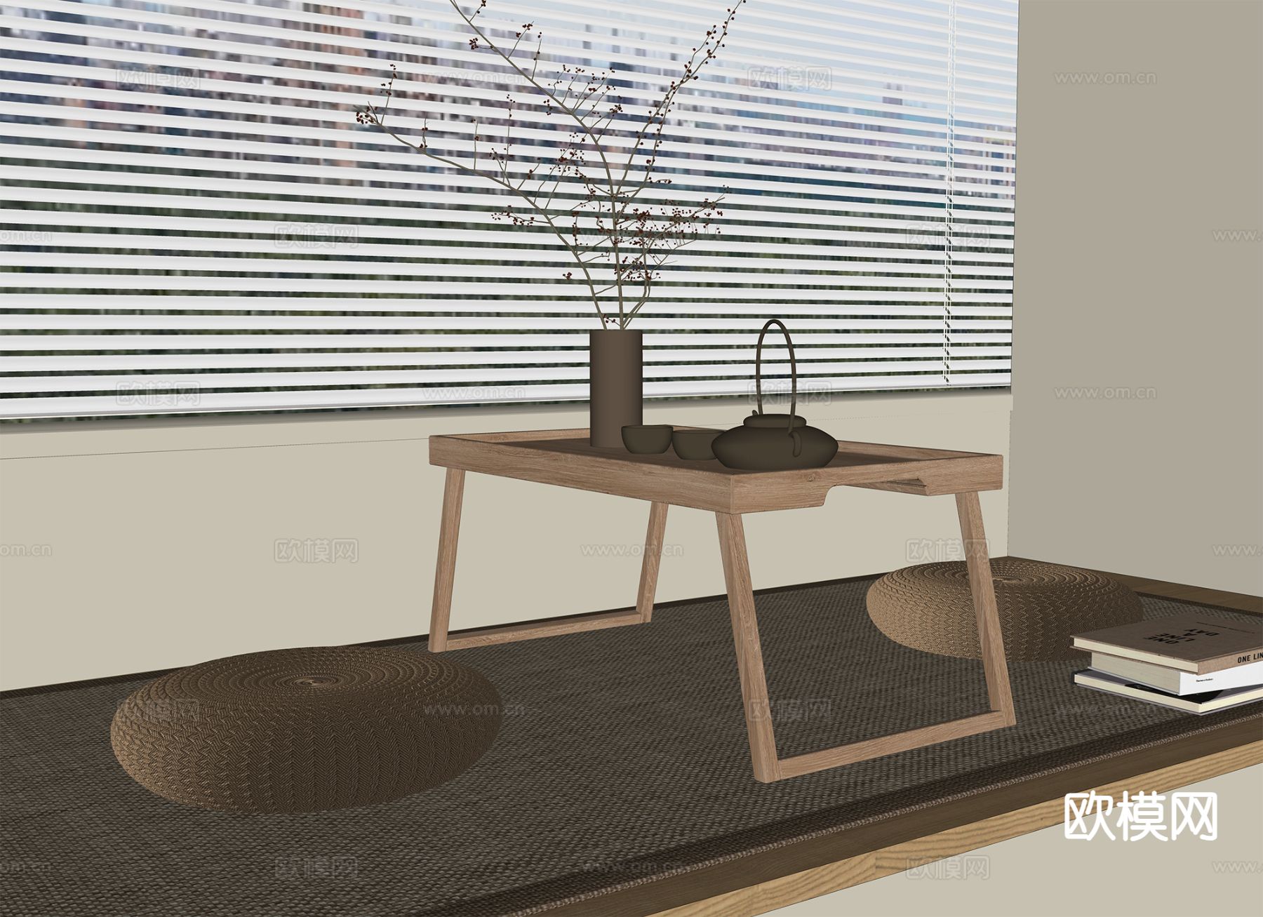 现代榻榻米茶桌椅su模型下载（渲染图1）